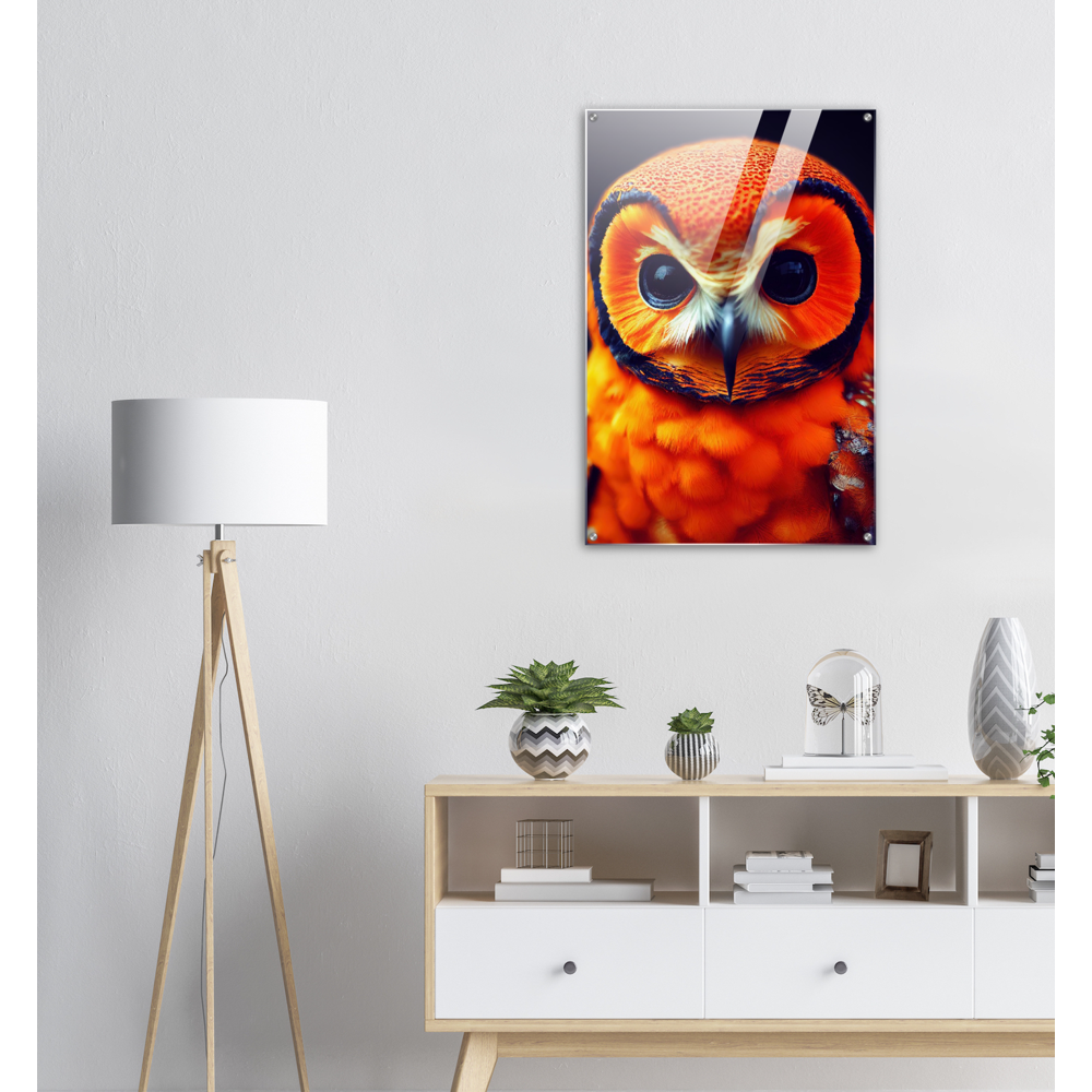 Acrylbild - Fruit Owl No. 1 - "Orangina", the orange owl - Serie Fruit Owls - Schleiereulen - lat. Tytonidae - Fruchteulen - Vogel - Bird - Strigiformes - Noctua - Ornithologie - Kunstwerk - Acryldruck - Poster mit Rahmen - Poster mit Leisten - Bedruckte Tassen - Kunst Marke - Art Brand - Pixelboys - Kunstdruck - Acryldruck - Wandbild - Kunstdrucke - Papier: 250g/qm - Künstler: John Grayst & Pixelboys - Eulen - Owl-  - Atelier - England - London - Birmingham - Manchester - Leeds - Liverpool  