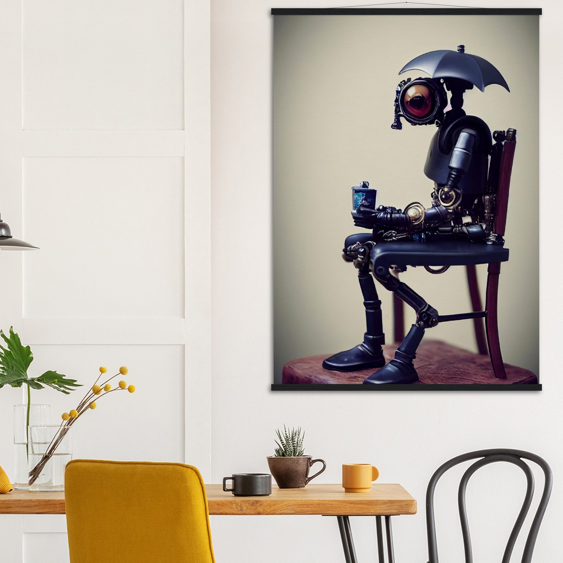  Poster mit Leisten (Holz) in Museumsqualität - Tiny robot with an umbrella "Louis" - Regenschirm - Acryldruck - Wandkunst - Customizable Coffee Cup - Personalized Gifts - Kunstdruck - Kleine Roboter - Acryldruck - Little Robots - Personalized Gifts - Tiny  - Steampunk - zukunft - Poster with frame - Kunstwerk - Office Poster - Poster mit Rahmen - Kaffee Tasse - Poster - Bedruckte Tassen - Kunst Marke - Art Brand - Kunstdrucke - Künstler: John Grayst & Pixelboys - emotional robots - Geschenkidee -