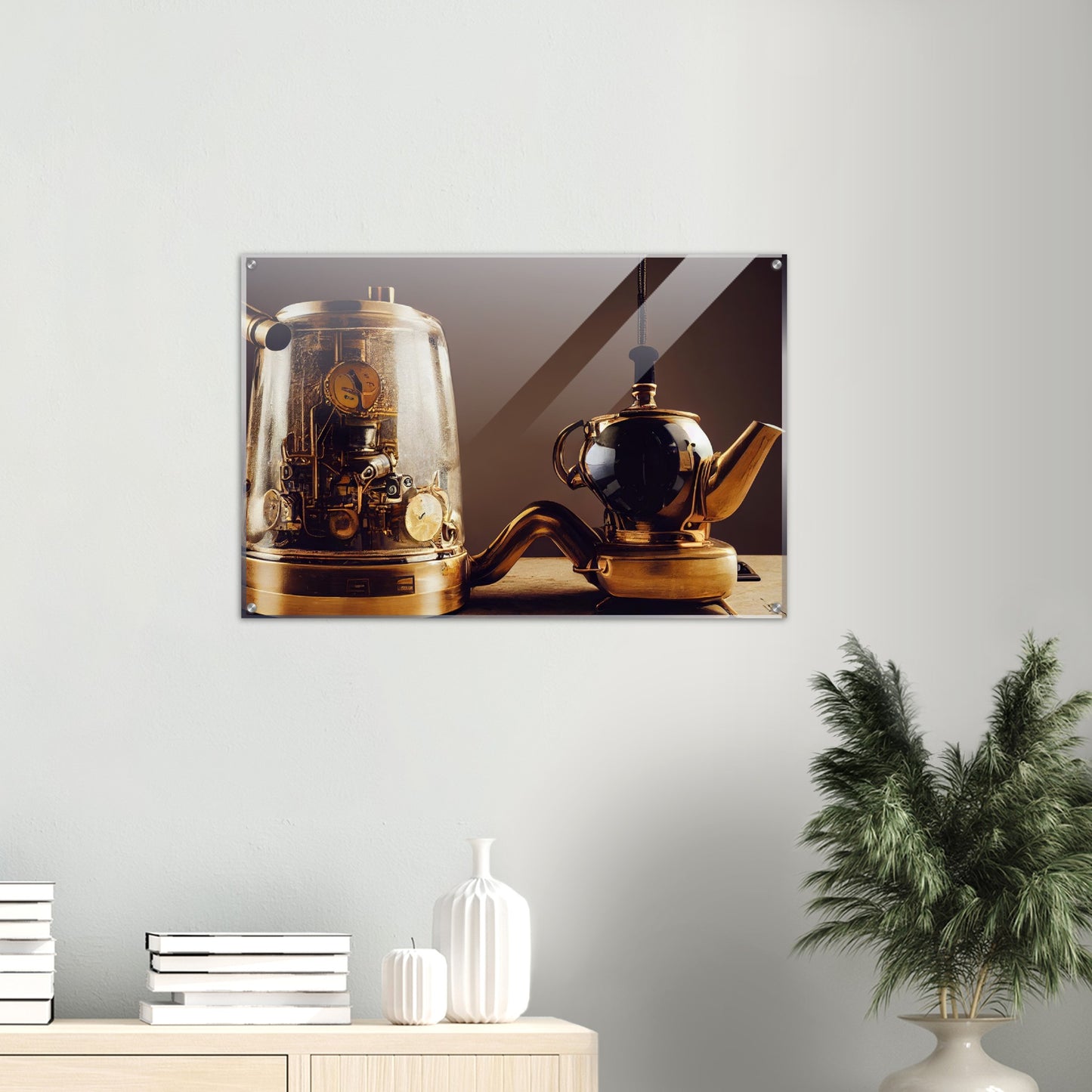 Acrylbild auf Glas - in Museumsqualität - Steampunk - Coffee Maker - No.2 - Pixelboys - Wandbild - Kunstwerk - Hotelkunst - Kunst auf Postern - Fine Art - Steampunk - Future - Maschine - Poster with frame - Office Poster - Art Brand - Pixelboys - Coffee House - Restaurant Poster - Schöner Wohnen - Dekoration - Wall Art - Kunstdruck - Geschenkidee - Kunst auf Acrylglas - Future Coffee Cup - Personalisierbare Tasse - Gastro Poster -  Gewerbliche Poster - exklusiv - Gastronomie Poster - Hotelposter -