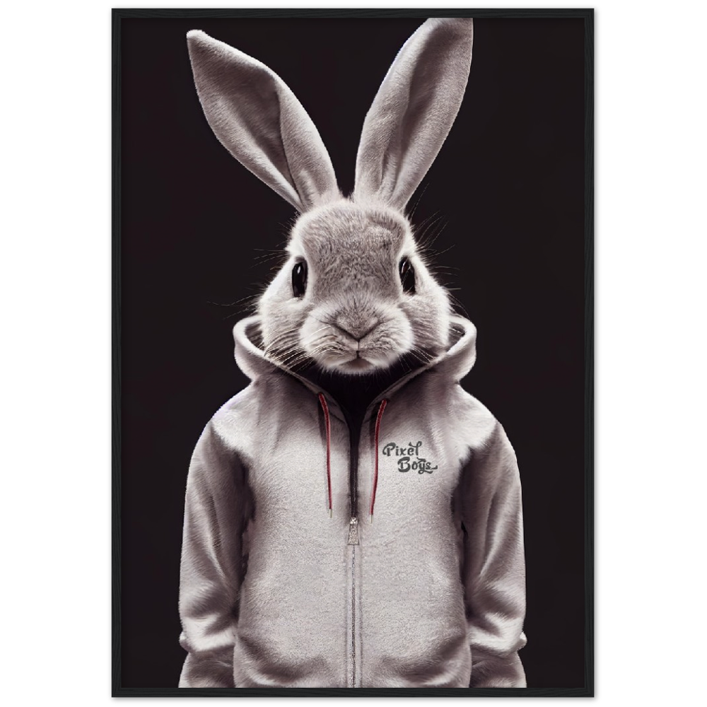 Poster mit Rahmen (Holz) - Bunny in grey tracksuit - Fashion Gang - Wandbild - Ostern - Geschenkidee - Osterhase - Bunny Crew: "Valerian" - "Caesar" - "Constantin" - "Cleo"-Titus - Weisser Hase - Easter Bunny - Cute - grey tracksuit - sweats - Alice's Adventures in Wonderland - Modemarke - Pixelboys Brand - Valerian der Hase - Kaninchen  - Künstler: "Pixelboys" - Atelier - Germany - Berlin - Hamburg - Colgne - France - Paris - Italy - Rom - USA - America - New York City - Los Angeles - Chicago - 