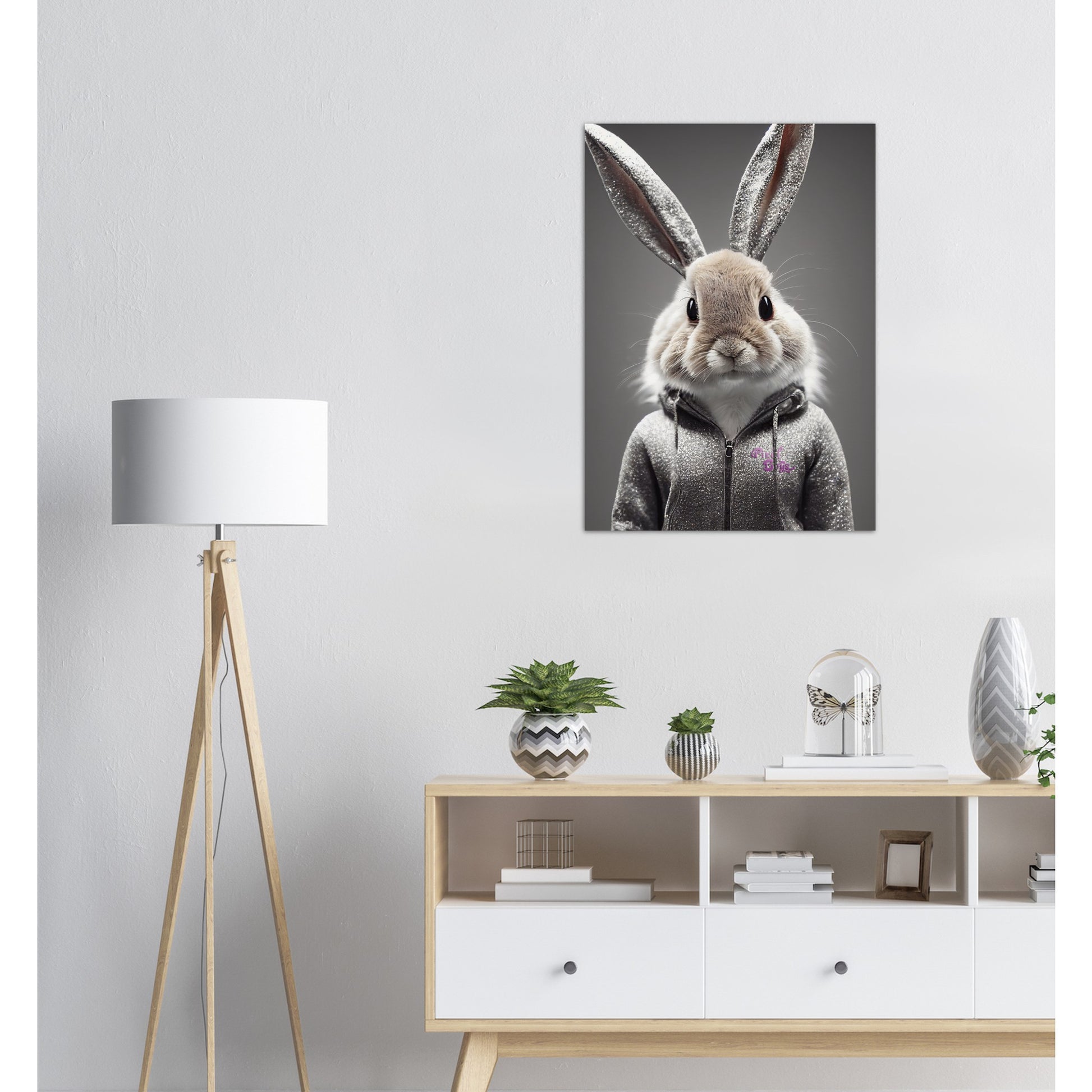 Poster in Museumsqualität - Bunny in grey tracksuit - "Cleo" - Cute - Marke:Pixelboys - Brand - Art Prints - Marke - Wandkunst - Papierstärke: 250g/qm - Wall Art - Bunny crey - Skater Betty - Hasen Gang - Original - Künstler:Pixelboys - Poster with frame - Office Poster - Trend - Wandschmuck - Atelier USA - 