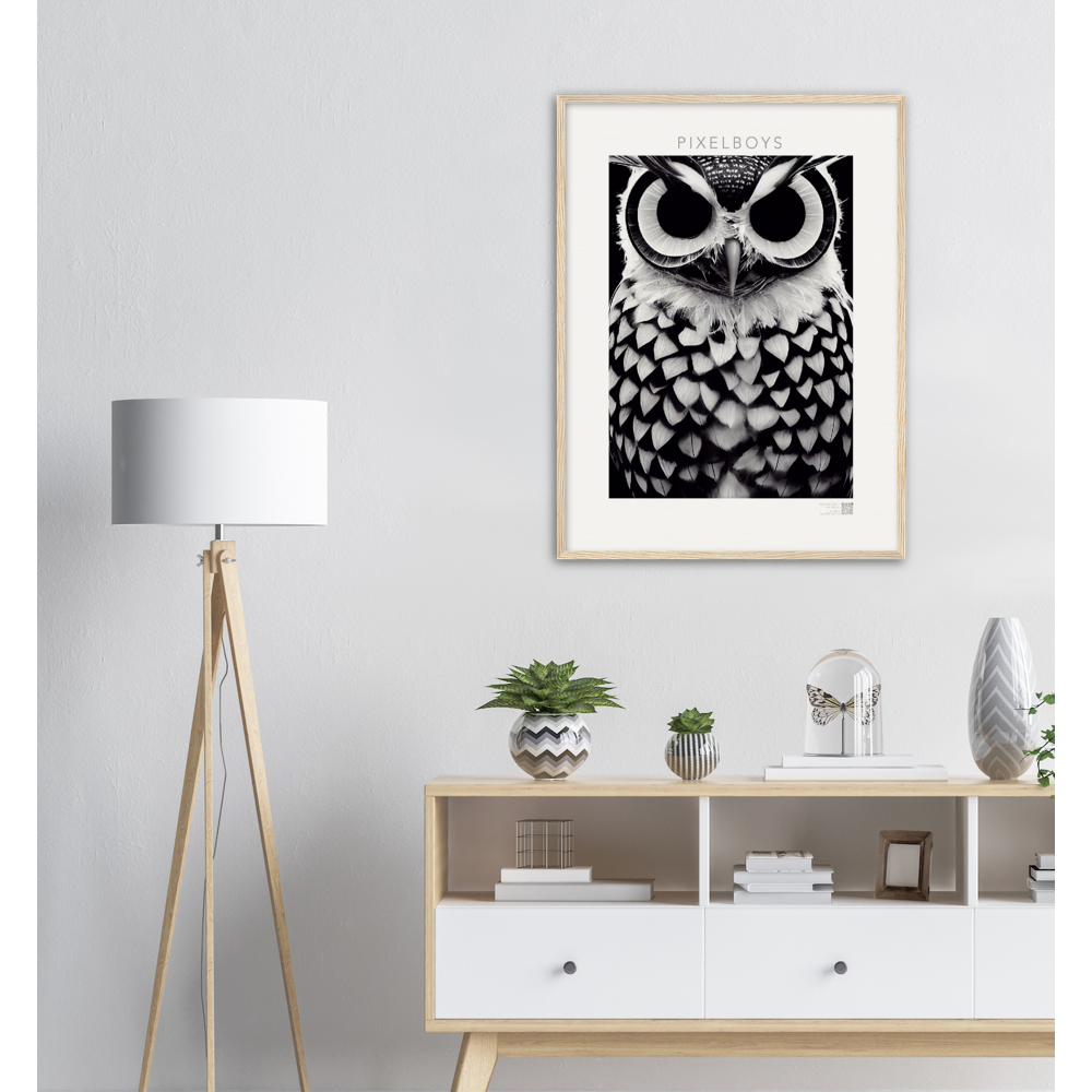 Poster mit Rahmen (Holz) - Museumsqualität - Dark Owl, No. 1 - "Hedwig" - Vogel - Bird - Strigiformes - Noctua - Ornithologie - Kunstwerk - Museumsqualität - Acryldruck - Poster mit Rahmen - Poster mit Leisten - Bedruckte Tassen - Kunst Marke - Art Brand - Pixelboys - Kunstdruck - Wandbild - Kunstdrucke - Papier: 250g/qm - Künstler: John Grayst & Pixelboys - Eulen - Owl-  - Atelier - England - London - Birmingham–Wolverhampton - Manchester - Leeds Bradfort - Liverpool  