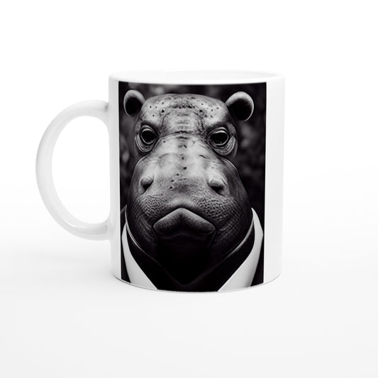 Personalisierbare Tasse - "He doesn't like it." - Business Animals No. 3 "Herbert" - Nilpferd - Bedruckte Tasse - hippo - Gastro Tasse  Geschäfts Tiere - Gastro Becher - Künstler: "John Grays" Kunstdruck - Pixelboys - Atelier - Milano - Berlin - Munich - Madrid - New York - Dubai - Paris - Tokio - Rom - Lisbon - Ottawa - Bern Switzerland - Amsterdam - Geschenkidee - Muttertag -