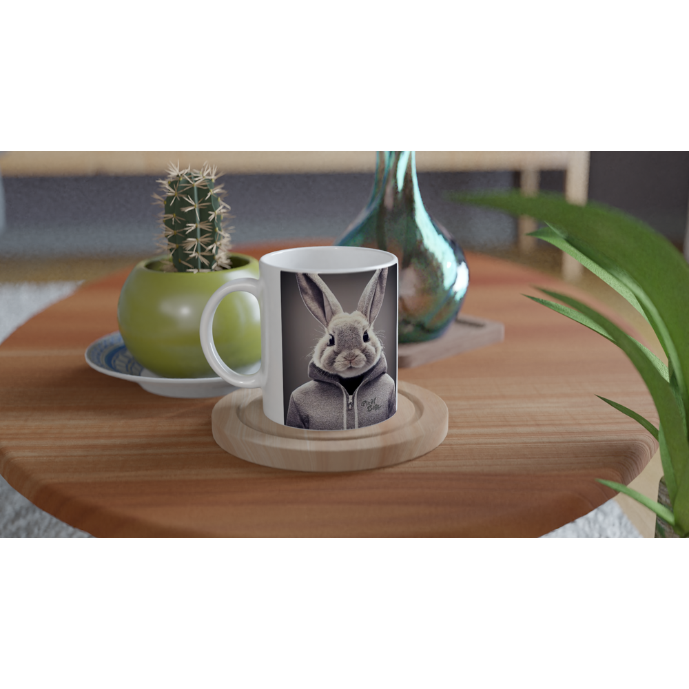 Personalisierte Tasse - Bunny in grey Hoodie - "Constantin" - Fashion Gang - Becher - Ostern - Geschenkidee - Osterhase - Bunny Crew: "Constantin" - "Caesar" - "Titus" - "Cleo" - Weisser Hase - Easter Bunny - Cute - grey tracksuit - sweats - Alice's Adventures in Wonderland - Modemarke - Pixelboys Brand - Constantin der Hase - Hase - Kaninchen  - Künstler: "Pixelboys" - Atelier - Germany - Berlin - Hamburg - Colgne - France - Paris - Italy - Rom - USA - America - New York City - Los Angeles - Chicago - 