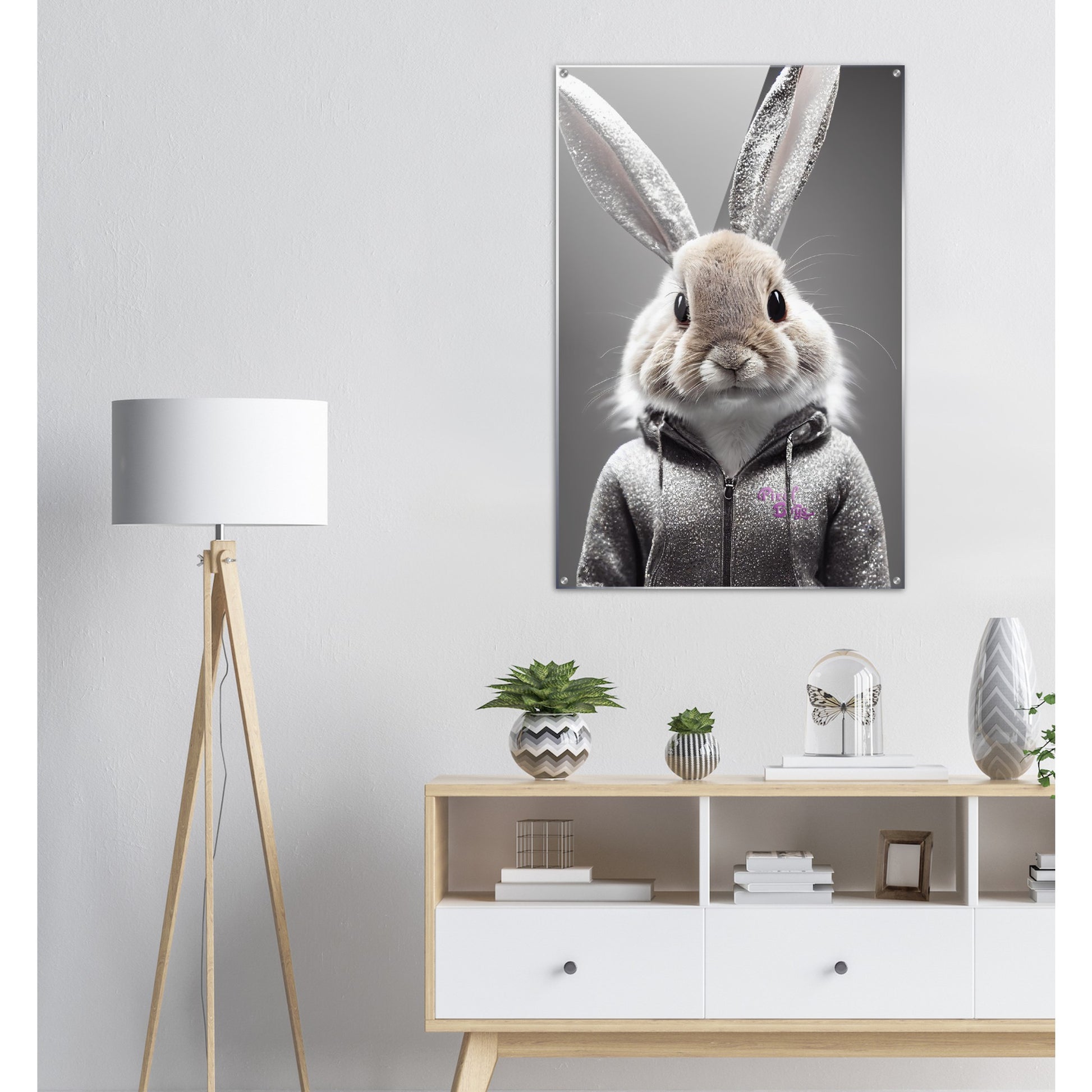 Acrylbild - in Museumsqualität - Bunny in grey tracksuit - "Cleo" - Cute - Marke:Pixelboys - Brand - Art Prints - Marke - Wandkunst - Papierstärke: 250g/qm - Wall Art - Bunny crey - Skater Betty - Hasen Gang - Original - Künstler:Pixelboys - Poster with frame - Office Poster - Trend - Wandschmuck - Atelier USA - 