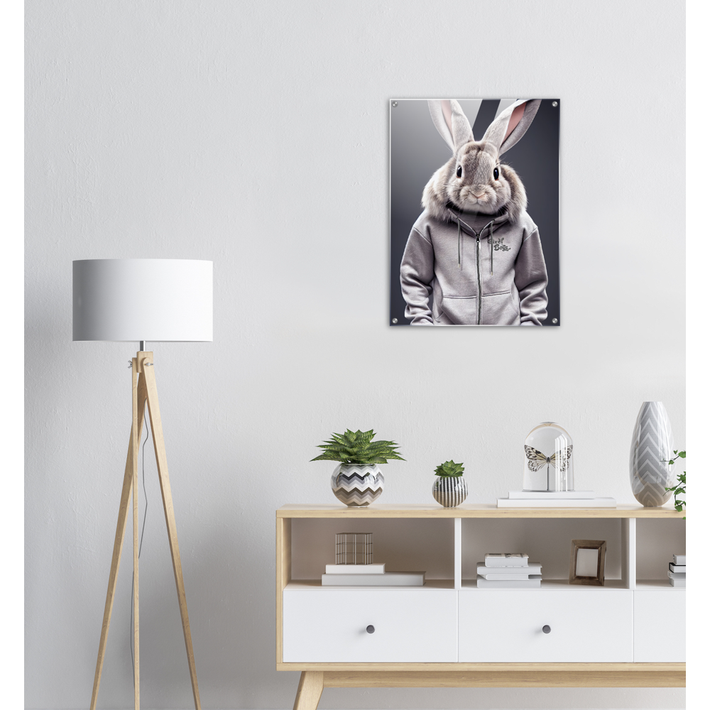 Acrylbild - Bunny in grey Tracksuit - "Titus" - Fashion Gang - Acryldruck - Ostern - Geschenkidee - Osterhase - Bunny Crew: "Titus" - "Caesar" - "Constantin" - "Cleo" - Weisser Hase - Easter Bunny - Cute - grey tracksuit - sweats - Alice's Adventures in Wonderland - Modemarke - Pixelboys Brand - Constantin der Hase - Hase - Kaninchen  - Künstler: "Pixelboys" - Atelier - Germany - Berlin - Hamburg - Colgne - France - Paris - Italy - Rom - USA - America - New York City - Los Angeles - Chicago - 