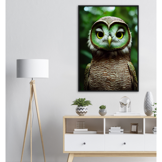 Poster mit Rahmen - Fruit Owl No. 4 - "Kiki", the Kiwi Owl - Wandkunst - Kunstdruck - (lat. tyto actinidia) - Kiwi Eule - Kiwi Owl - Fruchteulen - Vogel - Bird - Strigiformes - Noctua - Ornithologie - Kunstwerk  - Office Poster - Poster mit Rahmen - Kaffee Tasse - Poster mit Leisten - Bedruckte Tassen - Kunst Marke - Art Brand - Acryldruck - Wandbild - Kunstdrucke - Papier: 250g/qm - Künstler: John Grayst & Pixelboys - Eulen - Owl - Geschenkidee - 