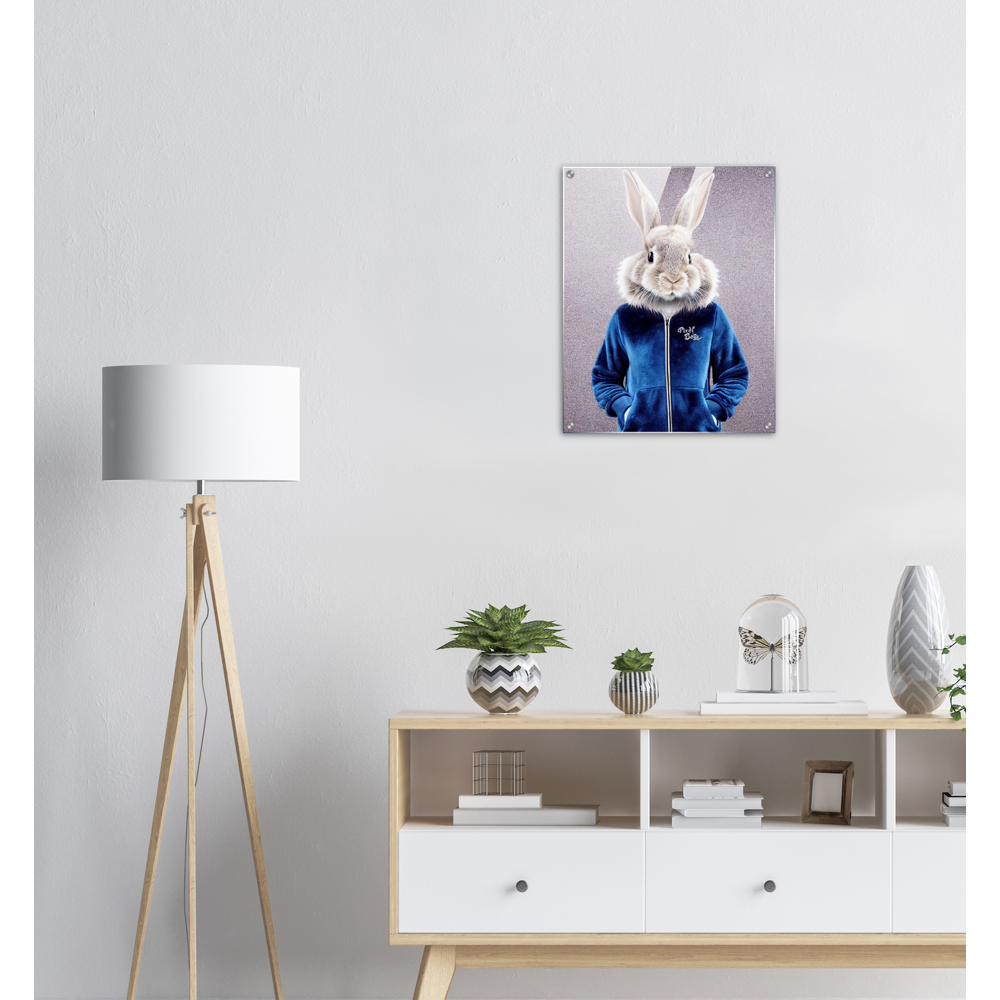 Acrylbild - Bunny in blue Tracksuit - "Caesar" - Fashion - Gang - Wandbild - Acryldruck - Ostern - Geschenkidee - Osterhase - Bunny Crew: "Caesar" - "Constantin" - "Titus" - "Cleo" - Weisser Hase - Easter Bunny - Cute - blue Tracksuit - sweats - Gang - Modemarke -Pixelboys Brand - Caesar der Hase - Meister Lampe - Hase - Kaninchen - Karnickel - Künstler: "Pixelboys" - Atelier - Germany - Berlin - Hamburg - Colgne - France - Paris - Italy - Rom - USA - America - New York City - Los Angeles - Chicago - 