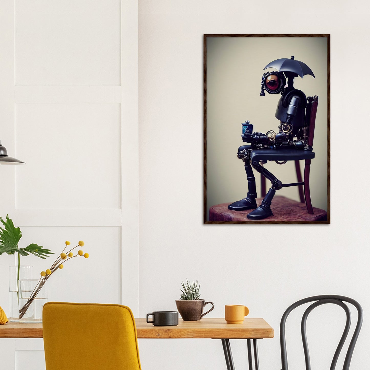 Poster mit Rahmen (Holz) in Museumsqualität - Tiny robot with an umbrella "Louis" - Regenschirm - Acryldruck - Wandkunst - Customizable Coffee Cup - Personalized Gifts - Kunstdruck - Kleine Roboter - Acryldruck - Little Robots - Personalized Gifts - Tiny  - Steampunk - zukunft - Poster with frame - Kunstwerk - Office Poster - Poster mit Rahmen - Kaffee Tasse - Poster - Bedruckte Tassen - Kunst Marke - Art Brand - Kunstdrucke - Künstler: John Grayst & Pixelboys - emotional robots - Geschenkidee -