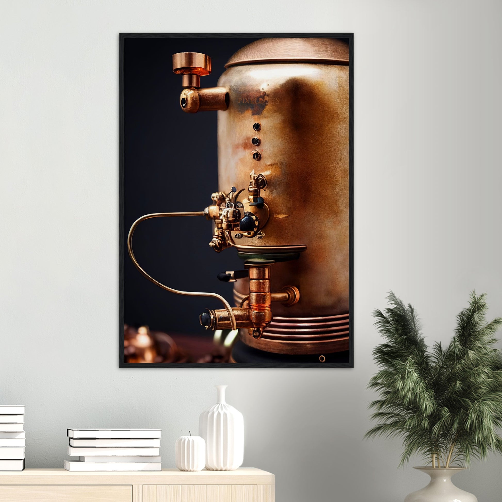  Poster mit Rahmen (Holz) - Steampunk - Coffee Maker - No.5 - Collection Cup - Pixelboys - Wandbild - Kunstwerk - Hotelkunst - Kunst auf Postern - Fine Art - Steampunk - Future - Maschine - Poster with frame - Office Poster - Art Brand - Pixelboys - Coffee House - Restaurant Poster - Wall Art - Kunstdruck - Geschenkidee - Kunst auf Acrylglas - Future Coffee Cup - Personalisierbare Tasse - Gastro Tasse - exklusiv - Acryldruck - Gastronomie Poster - Hotelposter - Steam Punk Kitchen -   