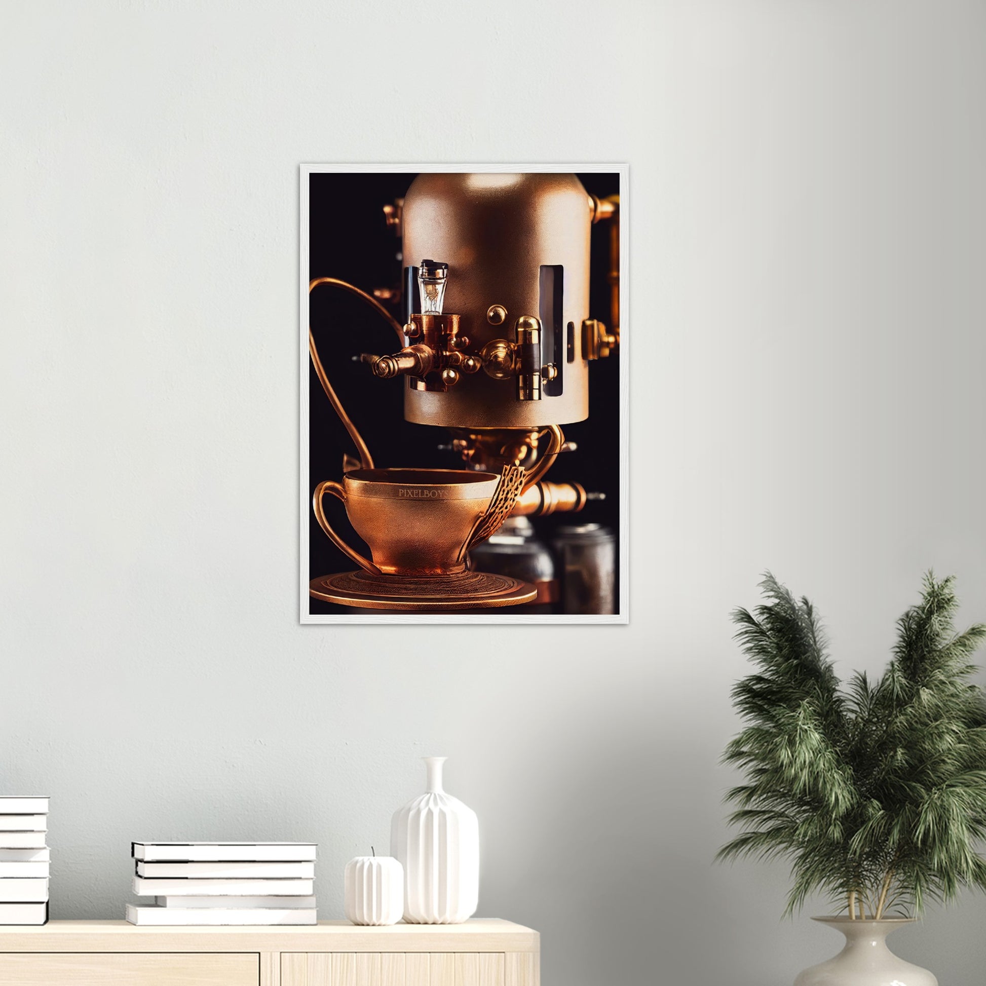 Poster mit Rahmen (Holz) - Steampunk - Coffee Maker - No.7 - Collection Cup - Pixelboys - Wandbild - Kunstwerk - Hotelkunst - Kunst auf Postern - Fine Art - Steampunk - Future - Maschine - Poster with frame - Office Poster - Art Brand - Pixelboys - Coffee House - Restaurant Poster - Wall Art - Kunstdruck - Geschenkidee - Kunst auf Acrylglas - Future Coffee Cup - Personalisierbare Tasse - Gastro Tasse - exklusiv - Acryldruck - Gastronomie Poster - Hotelposter - Teestube - Steam Punk Kitchen -   