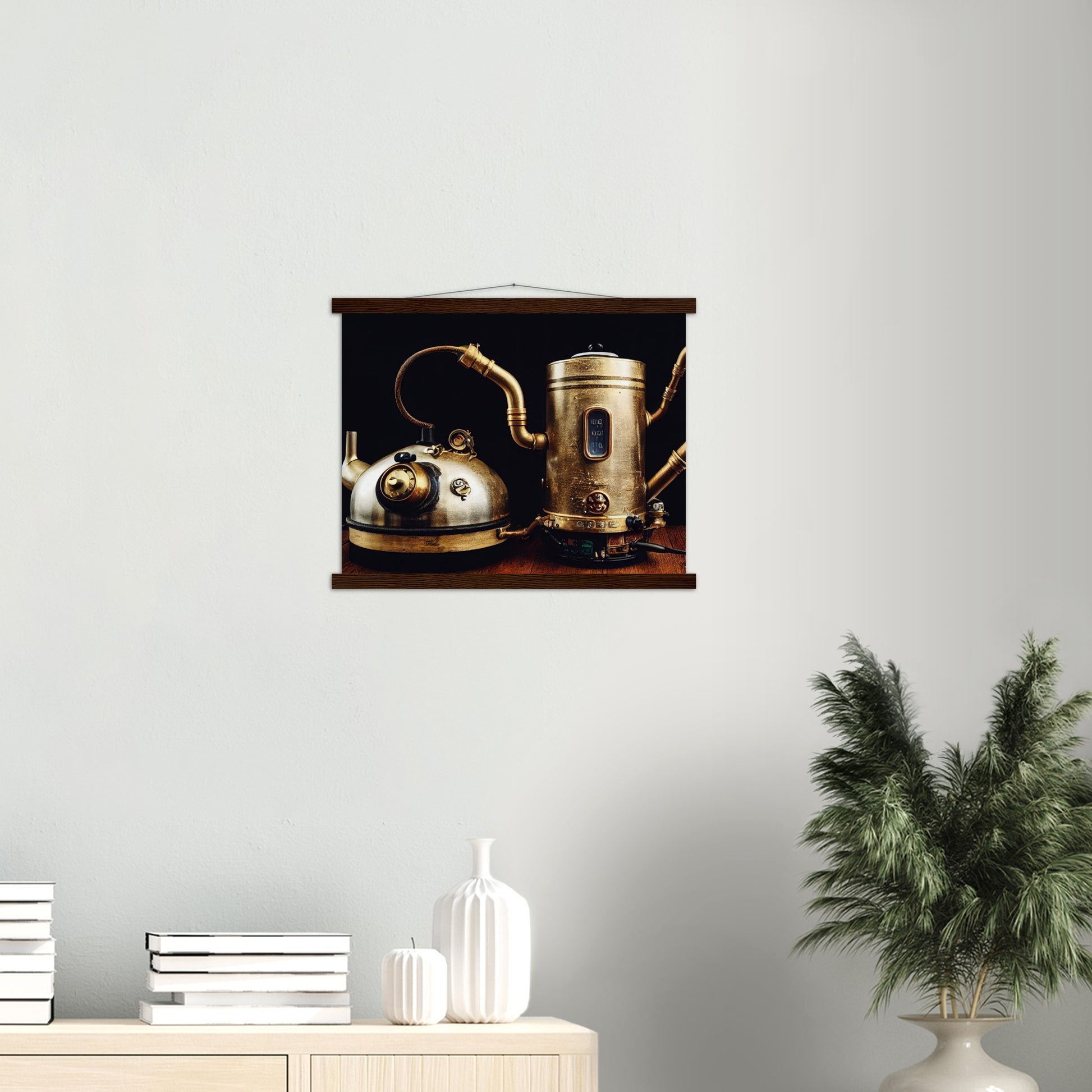 Poster mit Leisten (Holz) in Museumsqualität - Steampunk - Coffee Maker - No.3 - Collection Cup - Pixelboys - Wandbild - Kunstwerk - Hotelkunst - Kunst auf Postern - Fine Art - Steampunk - Future - Maschine - Poster with frame - Office Poster - Art Brand - Pixelboys - Coffee House - Restaurant Poster - Wall Art - Kunstdruck - Geschenkidee - Kunst auf Acrylglas - Future Coffee Cup - Personalisierbare Tasse - Gastro Tasse - exklusiv - Gastronomie Poster - Hotelposter - Steam Punk Kitchen - 