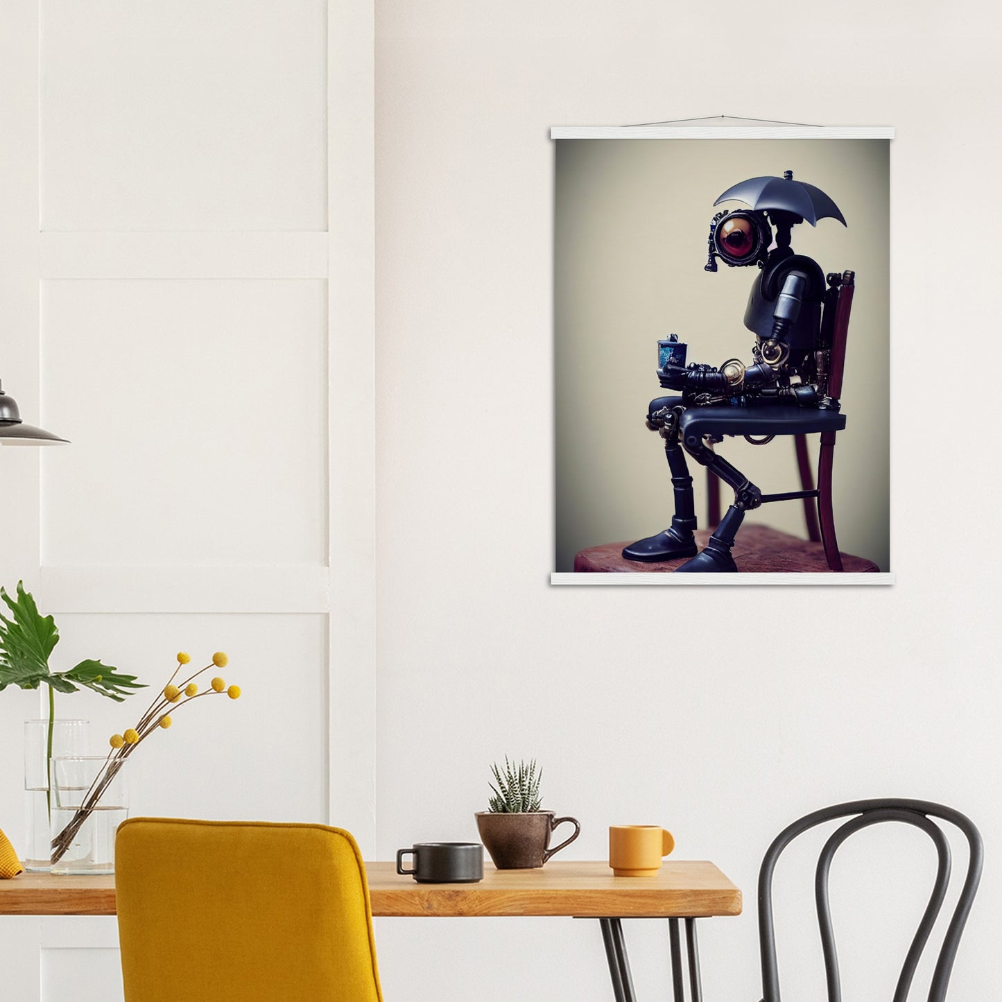  Poster mit Leisten (Holz) in Museumsqualität - Tiny robot with an umbrella "Louis" - Regenschirm - Acryldruck - Wandkunst - Customizable Coffee Cup - Personalized Gifts - Kunstdruck - Kleine Roboter - Acryldruck - Little Robots - Personalized Gifts - Tiny  - Steampunk - zukunft - Poster with frame - Kunstwerk - Office Poster - Poster mit Rahmen - Kaffee Tasse - Poster - Bedruckte Tassen - Kunst Marke - Art Brand - Kunstdrucke - Künstler: John Grayst & Pixelboys - emotional robots - Geschenkidee -