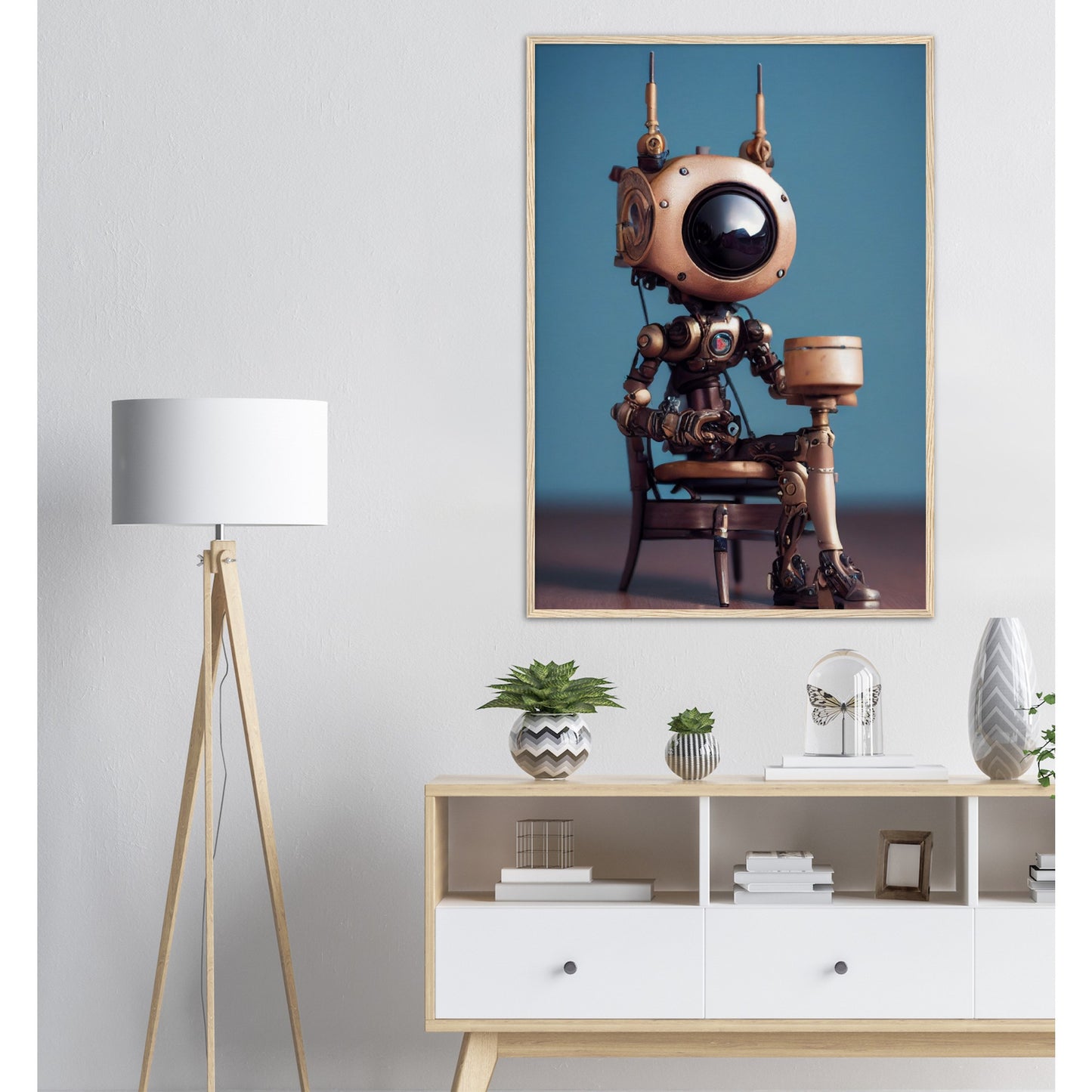 Poster mit Rahmen (Holz) in Museumsqualität - Tiny robot with a present - "Tiny Sam" - Wandbild - Customizable Coffee Cup - Personalized Gifts - Kunstdruck - Roboter mit Geschenk - Steampunk - Acryldruck - Present Robots - Personalized Gifts - Poster with frame - nr.5 lebt - zukunft - Kunstwerk - Office Poster - Poster mit Rahmen - Kaffee Tasse  - Bedruckte Tassen - Kunst Marke - Art Brand - Wandbild - Kunstdrucke - Künstler: John Grayst & Pixelboys - emotional robots - Geschenkidee - Wall Art -