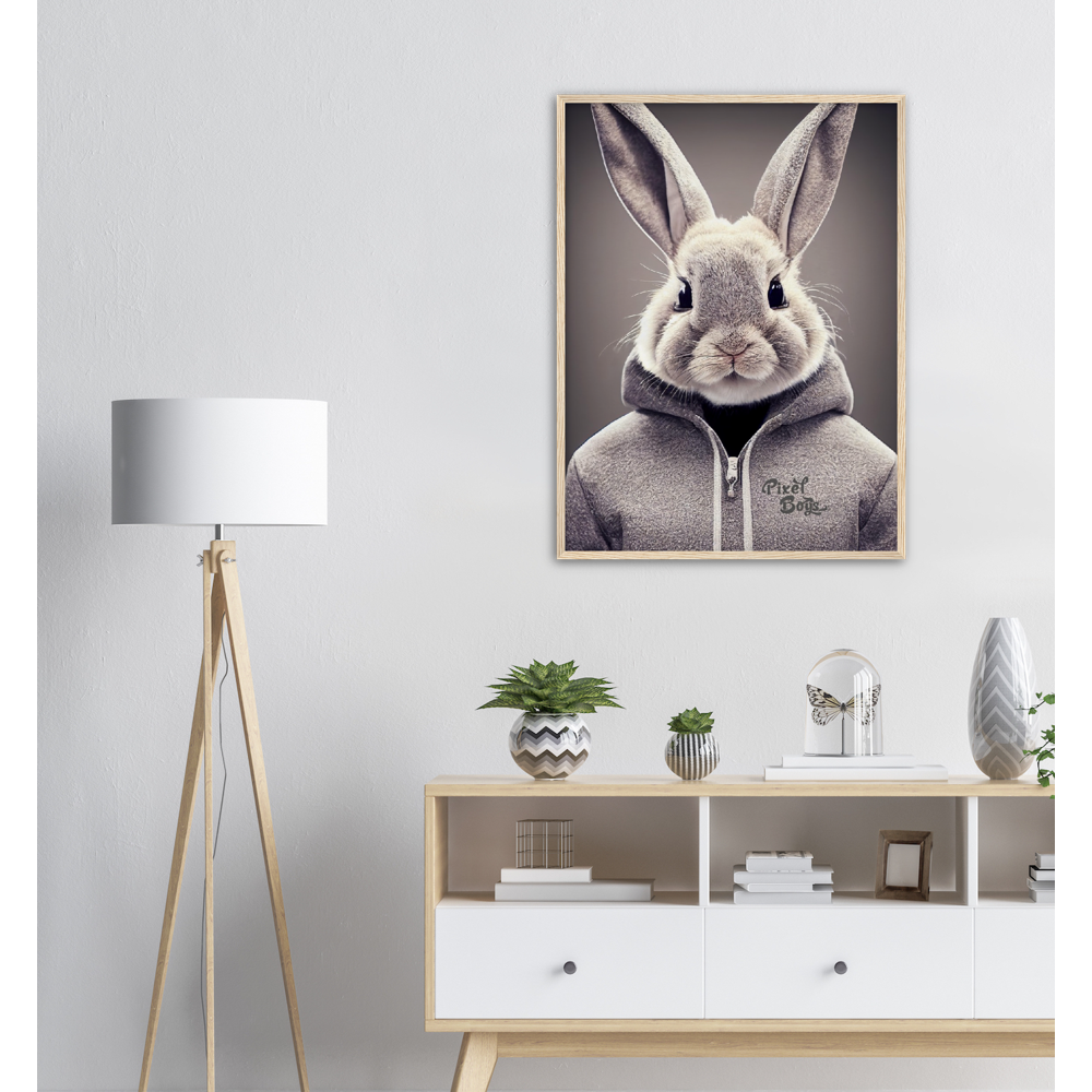 Poster mit Rahmen (Holz) - Bunny in grey Hoodie - "Constantin" - Fashion Gang - Wandbild - Ostern - Geschenkidee - Osterhase - Bunny Crew: "Constantin" - "Caesar" - "Titus" - "Cleo" - Weisser Hase - Easter Bunny - Cute - grey Hoodie - sweats - Alice's Adventures in Wonderland - Modemarke - Pixelboys Brand - Constantin der Hase - Hase - Kaninchen  - Künstler: "Pixelboys" - Atelier - Germany - Berlin - Hamburg - Colgne - France - Paris - Italy - Rom - USA - America - New York City - Los Angeles - Chicago - 