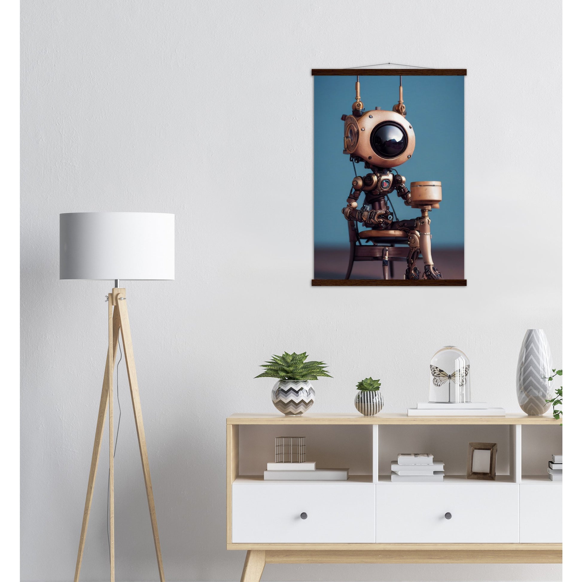 Poster mit Leisten (Holz) in Museumsqualität - Tiny robot with a present - "Tiny Sam" - Wandbild - Customizable Coffee Cup - Personalized Gifts - Kunstdruck - Roboter mit Geschenk - Steampunk - Acryldruck - Present Robots - Personalized Gifts - Poster with frame - nr.5 lebt - zukunft - Kunstwerk - Office Poster - Poster mit Rahmen - Kaffee Tasse  - Bedruckte Tassen - Kunst Marke - Art Brand - Wandbild - Kunstdrucke - Künstler: John Grayst & Pixelboys - emotional robots - Geschenkidee - Wall Art -