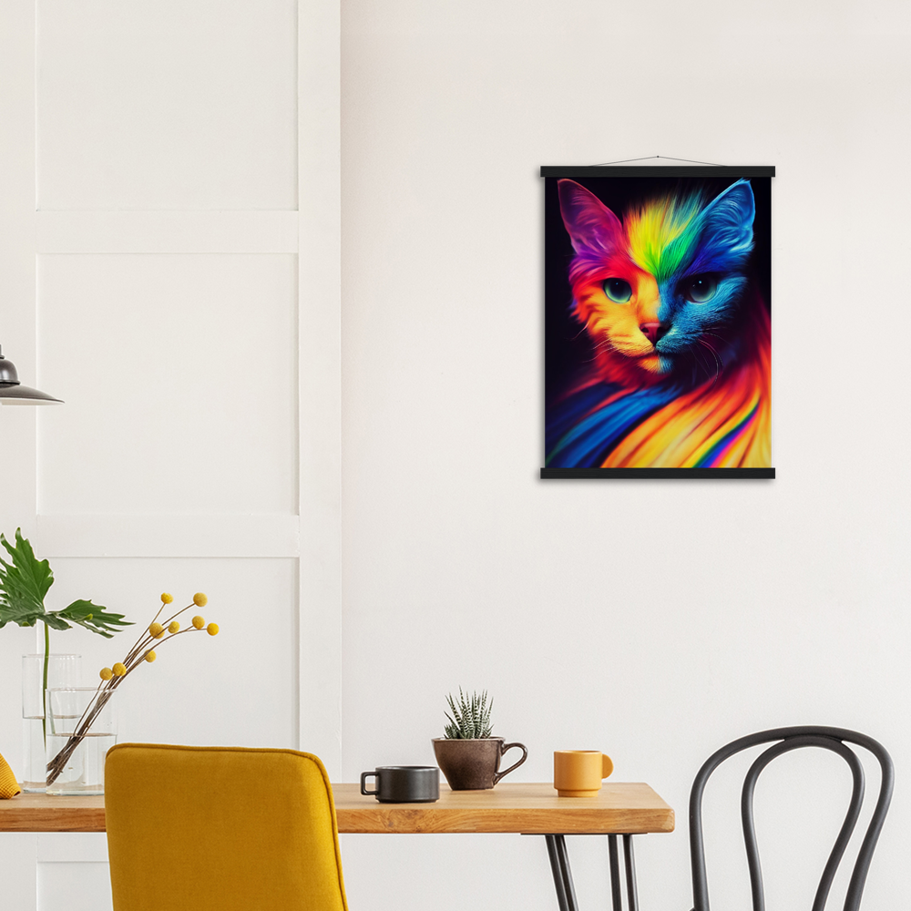 Poster Set mit Leisten aus Holz - Farbenfrohe Regenbogen Katze "Kitty" - Pride Bewegung Maskottchen -