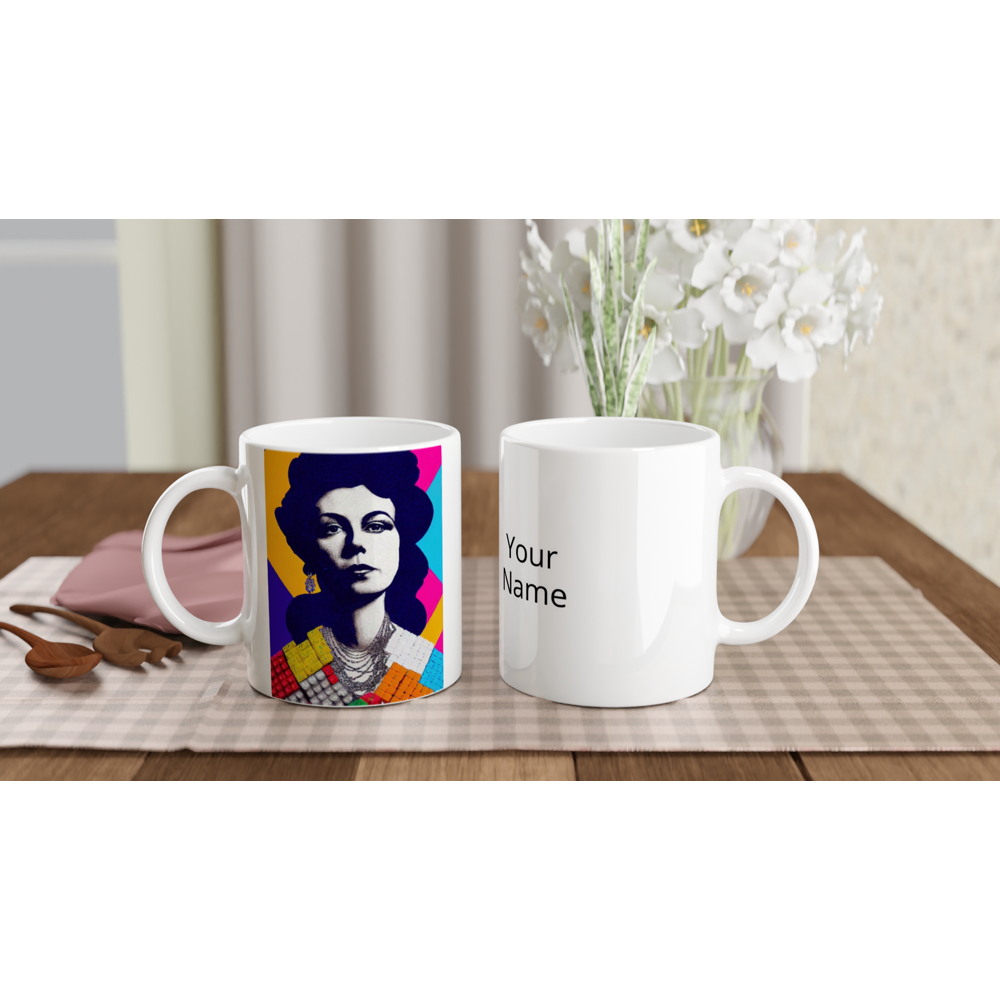 Personalisierte Tasse - The Queen No.2 - HRH in cubes - Kunstdruck - Bedruckte Tasse - Kaffebecher - Teebecher - Queen Elisabeth II - Monarch - HRH - His/Her Royal Highness - Groß Britannien - Commonwealth - The Royal Family - Wandbild - Kubismus - synthetischen Kubismus - Georges Braque - Künstler: "John Grayst" - Atelier - UK - GB - London -  