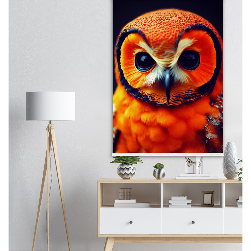 Poster mit Leisten (Holz) - Fruit Owl No. 1 - "Orangina", the orange owl - Serie Fruit Owls - Schleiereulen - lat. Tytonidae - Fruchteulen - Vogel - Bird - Strigiformes - Noctua - Ornithologie - Kunstwerk - Acryldruck - Poster mit Rahmen - Poster mit Leisten - Bedruckte Tassen - Kunst Marke - Art Brand - Pixelboys - Kunstdruck - Acrylbild - Wandbild - Kunstdrucke - Papier: 250g/qm - Künstler: John Grayst & Pixelboys - Eulen - Owl-  - Atelier - England - London - Birmingham - Manchester - Leeds - Liverpool  