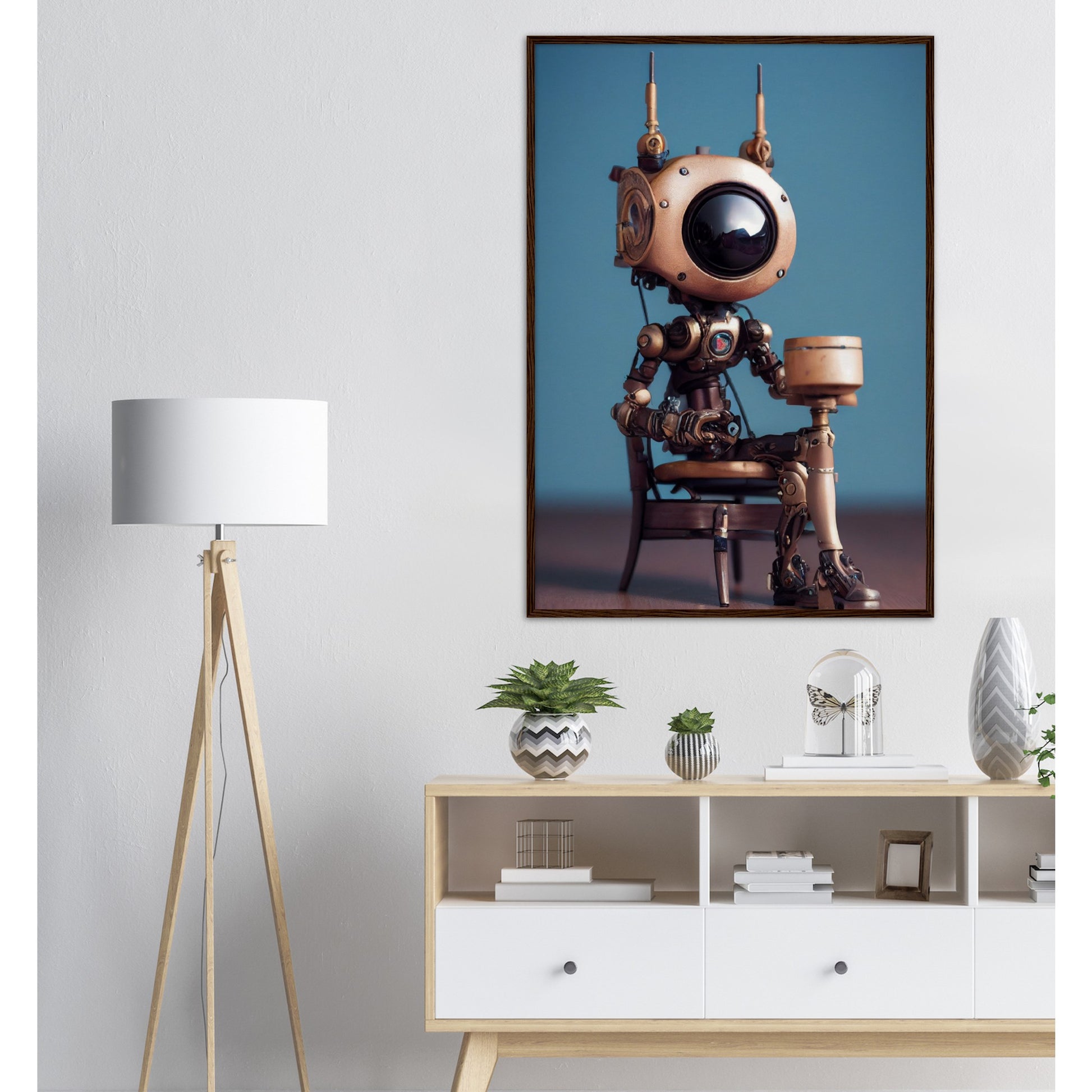 Poster mit Rahmen (Holz) in Museumsqualität - Tiny robot with a present - "Tiny Sam" - Wandbild - Customizable Coffee Cup - Personalized Gifts - Kunstdruck - Roboter mit Geschenk - Steampunk - Acryldruck - Present Robots - Personalized Gifts - Poster with frame - nr.5 lebt - zukunft - Kunstwerk - Office Poster - Poster mit Rahmen - Kaffee Tasse  - Bedruckte Tassen - Kunst Marke - Art Brand - Wandbild - Kunstdrucke - Künstler: John Grayst & Pixelboys - emotional robots - Geschenkidee - Wall Art -