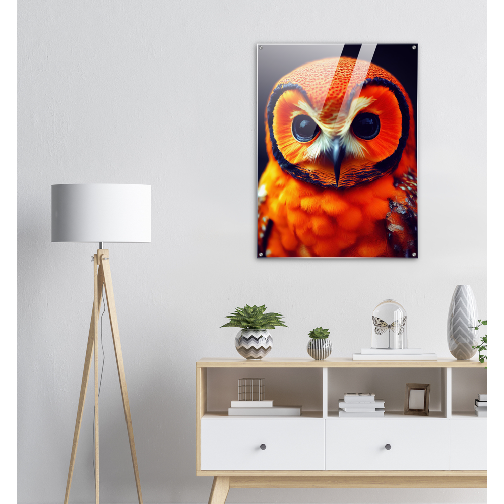 Acrylbild - Fruit Owl No. 1 - "Orangina", the orange owl - Serie Fruit Owls - Schleiereulen - lat. Tytonidae - Fruchteulen - Vogel - Bird - Strigiformes - Noctua - Ornithologie - Kunstwerk - Acryldruck - Poster mit Rahmen - Poster mit Leisten - Bedruckte Tassen - Kunst Marke - Art Brand - Pixelboys - Kunstdruck - Acryldruck - Wandbild - Kunstdrucke - Papier: 250g/qm - Künstler: John Grayst & Pixelboys - Eulen - Owl-  - Atelier - England - London - Birmingham - Manchester - Leeds - Liverpool  