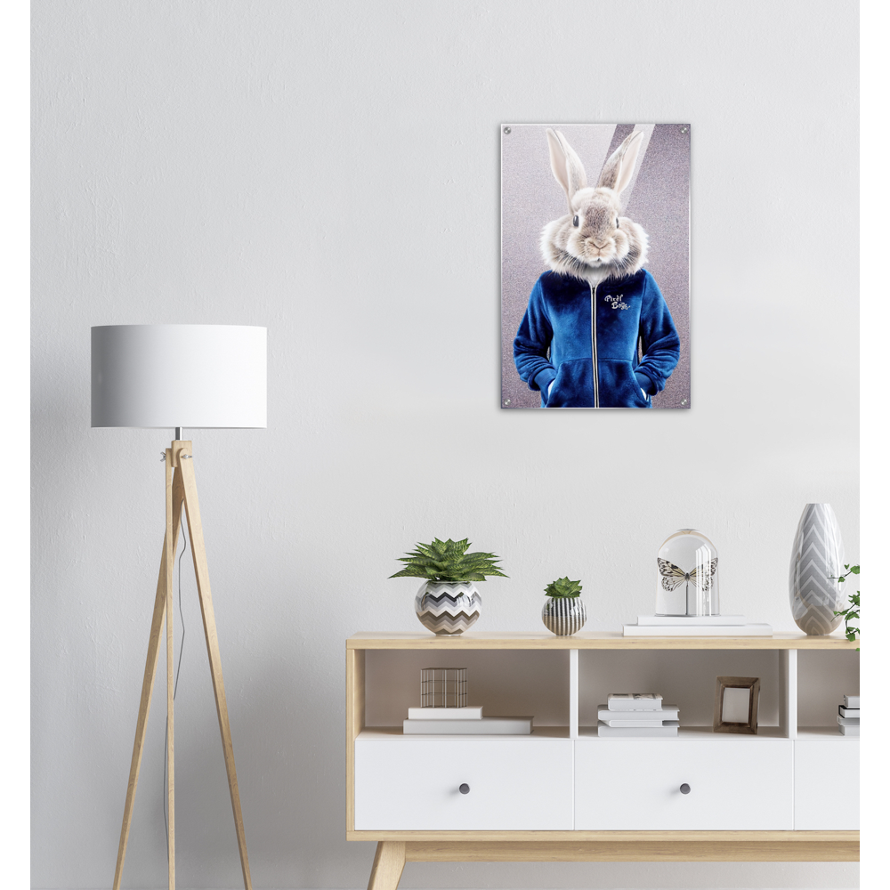 Acrylbild - Bunny in blue Tracksuit - "Caesar" - Fashion - Gang - Wandbild - Acryldruck - Ostern - Geschenkidee - Osterhase - Bunny Crew: "Caesar" - "Constantin" - "Titus" - "Cleo" - Weisser Hase - Easter Bunny - Cute - blue Tracksuit - sweats - Gang - Modemarke -Pixelboys Brand - Caesar der Hase - Meister Lampe - Hase - Kaninchen - Karnickel - Künstler: "Pixelboys" - Atelier - Germany - Berlin - Hamburg - Colgne - France - Paris - Italy - Rom - USA - America - New York City - Los Angeles - Chicago - 