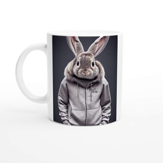 Personalisierte Tasse - Bunny in grey Tracksuit - "Titus" - Fashion Gang - Becher - Ostern - Geschenkidee - Osterhase - Bunny Crew: "Titus" - "Caesar" - "Constantin" - "Cleo" - Weisser Hase - Easter Bunny - Cute - grey tracksuit - sweats - Alice's Adventures in Wonderland - Modemarke - Pixelboys Brand - Constantin der Hase - Hase - Kaninchen  - Künstler: "Pixelboys" - Atelier - Germany - Berlin - Hamburg - Colgne - France - Paris - Italy - Rom - USA - America - New York City - Los Angeles - Chicago - 