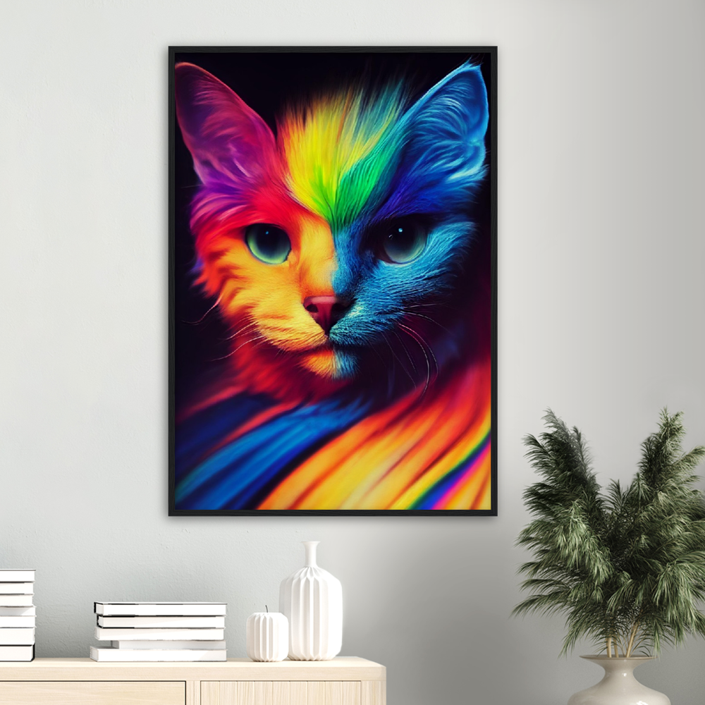 Poster mit Rahmen - Farbenfrohe Regenbogen Katze "Kitty" Poster Set mit Holzrahmen - In vielen verschiedenen Größen - auch in XXL verfügbar!