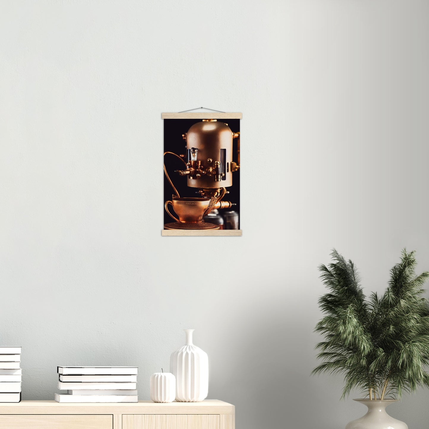 Poster mit Leisten (Holz) - Steampunk - Coffee Maker - No.7 - Collection Cup - Pixelboys - Wandbild - Kunstwerk - Hotelkunst - Kunst auf Postern - Fine Art - Steampunk - Future - Maschine - Poster with frame - Office Poster - Art Brand - Pixelboys - Coffee House - Restaurant Poster - Wall Art - Kunstdruck - Geschenkidee - Kunst auf Acrylglas - Future Coffee Cup - Personalisierbare Tasse - Gastro Tasse - exklusiv - Acryldruck - Gastronomie Poster - Hotelposter - Teestube - Steam Punk Kitchen -   