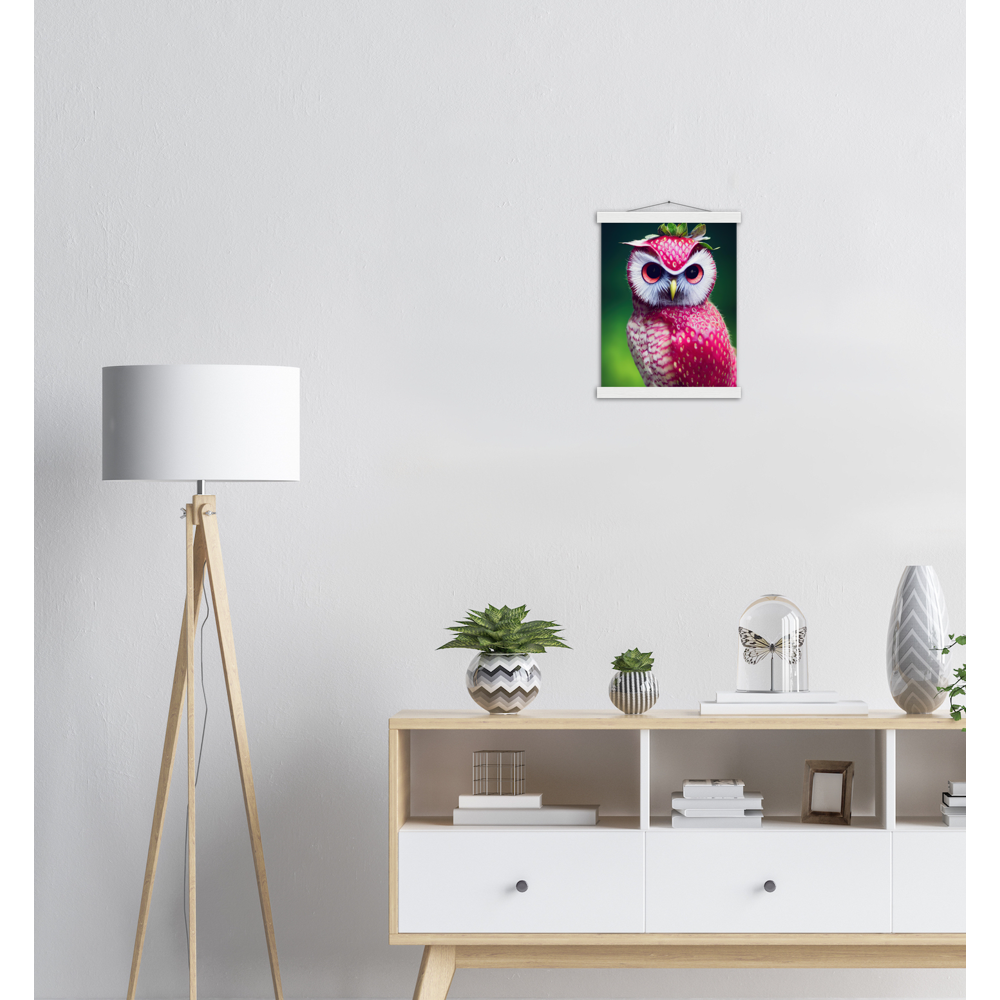 Poster mit Leisten (Holz) - Fruit Owl No. 2 - "Berry", the Strawberry Owl - Serie Fruit Owls - Wandkunst - Kunstdruck - (fiktiv: lat.  Pulsatrix Fragaria) - Erdbeere - Schleiereulen - Fruchteulen - Vogel - Bird - Strigiformes - Noctua - Ornithologie - Kunstwerk  - Office Poster - Poster mit Rahmen - Kaffee Tasse - Poster mit Leisten - Bedruckte Tassen - Kunst Marke - Art Brand - Acrylbild - Wandbild - Kunstdrucke - Papier: 250g/qm - Künstler: John Grayst & Pixelboys - Eulen - Owl - Geschenkidee - 