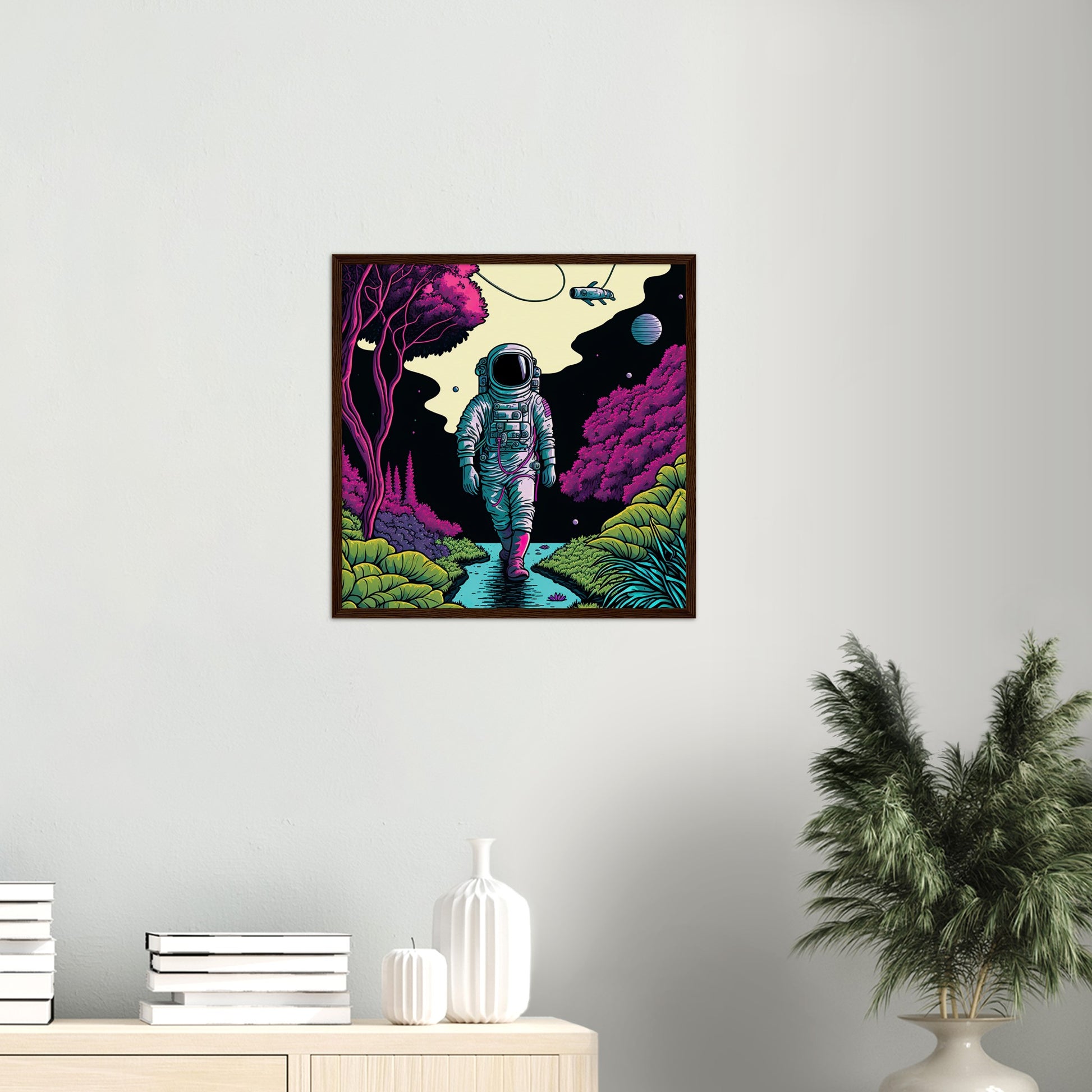 Poster mit Rahmen (Holz) in Museumsqualität - Wandering Astronaut - Stephen - Illustration - Astronaut - Panorama - Rocketman - Posterleisten - USA - Fineart - Posterrahmen  - Wandkunst - Holzrahmen - Poster with frame - artwork - art brand - printed cup personalized - Holzleisten - pixelboys - Kunstdrucke - wandbilder - wall art - Kunst auf Tassen  - Office Poster - Gastrotassen - Wanddekoration - Acrylkunst - Geschenkidee - Office Poster - Acryldruck - Abstrakte Kunst -