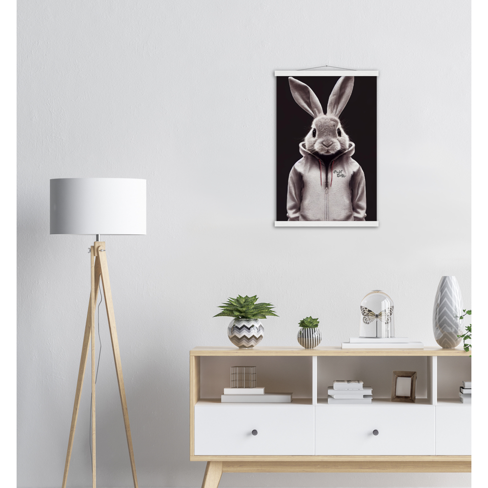 Poster mit Leisten (Holz) - Bunny in grey tracksuit - Fashion Gang - Wandbild - Ostern - Geschenkidee - Osterhase - Bunny Crew: "Valerian" - "Caesar" - "Constantin" - "Cleo"-Titus - Weisser Hase - Easter Bunny - Cute - grey tracksuit - sweats - Alice's Adventures in Wonderland - Modemarke - Pixelboys Brand - Valerian der Hase - Kaninchen  - Künstler: "Pixelboys" - Atelier - Germany - Berlin - Hamburg - Colgne - France - Paris - Italy - Rom - USA - America - New York City - Los Angeles - Chicago - 