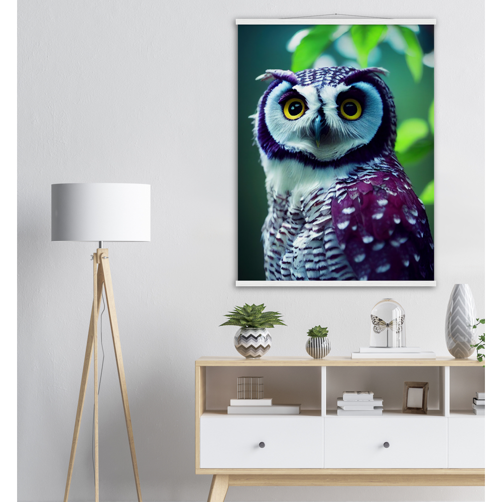 Poster mit Leisten (Holz) - Fruit Owl No.5 - "Sini", the bluberry owl - Wandkunst - Kunstdruck - Heidelbeereule - (lat. bubo vaccinium) - Teebecher - Heidelbeere Eule - Fruchteulen - blueberry owl- Vogel - Uhu - Bird - Strigiformes - Noctua - Ornithologie - Kunstwerk  - Office Poster - Poster mit Rahmen - Kaffee Tasse - Poster mit Leisten - Bedruckte Tassen - Kunst Marke - Art Brand - Acryldruck - Wandbild - Kunstdrucke - Papier: 250g/qm - Künstler: John Grayst & Pixelboys - Eulen - Owl - Geschenkidee - 