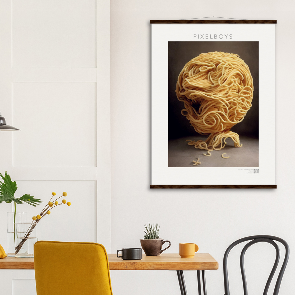 Poster mit Leisten (Holz) - Pastarized "The Shaping" - No.2 - Kunstwerk aus Nudeln - Kunst Marke - Pixelboys - Kunstdruck - Wandbild - Kunstdrucke - Papier: 250g/qm - Künstler: John Grayst & Pixelboys - Italienische Pasta Kunst - Küche- Italienisches Restaurant - China Restaurant - Japan Restaurant -  Pasta Liebe - Nudeln - Face - Atelier - Italien - Mailand - Neapel - Rom - Turin  