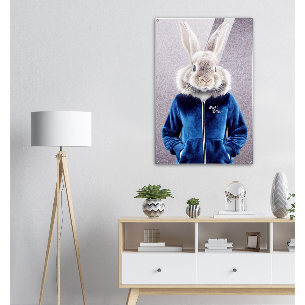 Acrylbild - Bunny in blue Tracksuit - "Caesar" - Fashion - Gang - Wandbild - Acryldruck - Ostern - Geschenkidee - Osterhase - Bunny Crew: "Caesar" - "Constantin" - "Titus" - "Cleo" - Weisser Hase - Easter Bunny - Cute - blue Tracksuit - sweats - Gang - Modemarke -Pixelboys Brand - Caesar der Hase - Meister Lampe - Hase - Kaninchen - Karnickel - Künstler: "Pixelboys" - Atelier - Germany - Berlin - Hamburg - Colgne - France - Paris - Italy - Rom - USA - America - New York City - Los Angeles - Chicago - 