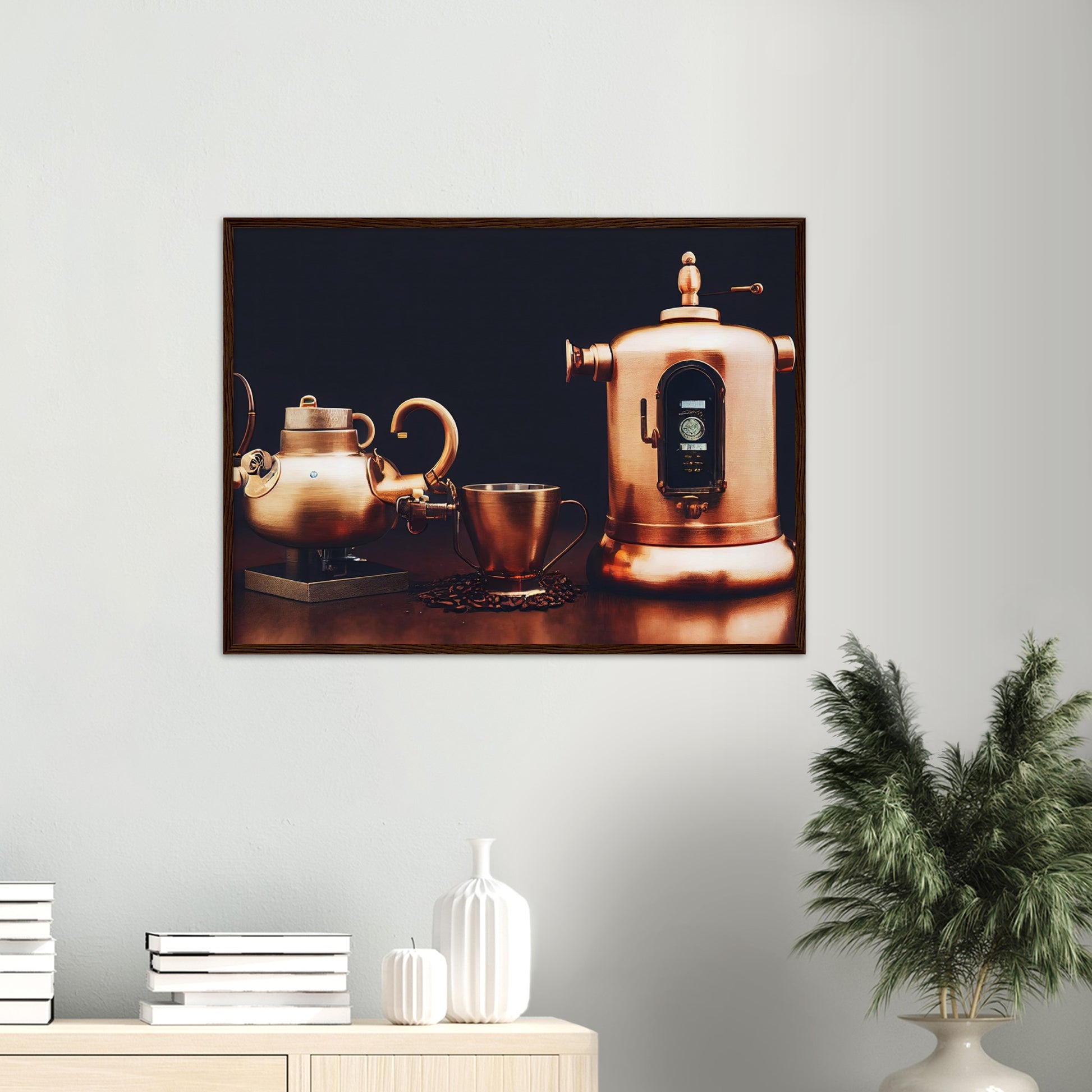 Poster mit Rahmen (Holz) - in Museumsqualität - Steampunk - Coffee Maker - No.4 - Collection Cup - Pixelboys - Wandbild - Kunstwerk - Hotelkunst - Kunst auf Postern - Fine Art - Steampunk - Future - Maschine - Poster with frame - Office Poster - Art Brand - Pixelboys - Coffee House - Restaurant Poster - Wall Art - Kunstdruck - Geschenkidee - Kunst auf Acrylglas - Future Coffee Cup - Personalisierbare Tasse - Gastro Tasse - exklusiv - Gastronomie Poster - Hotelposter - Steam Punk Kitchen - Acryldruck