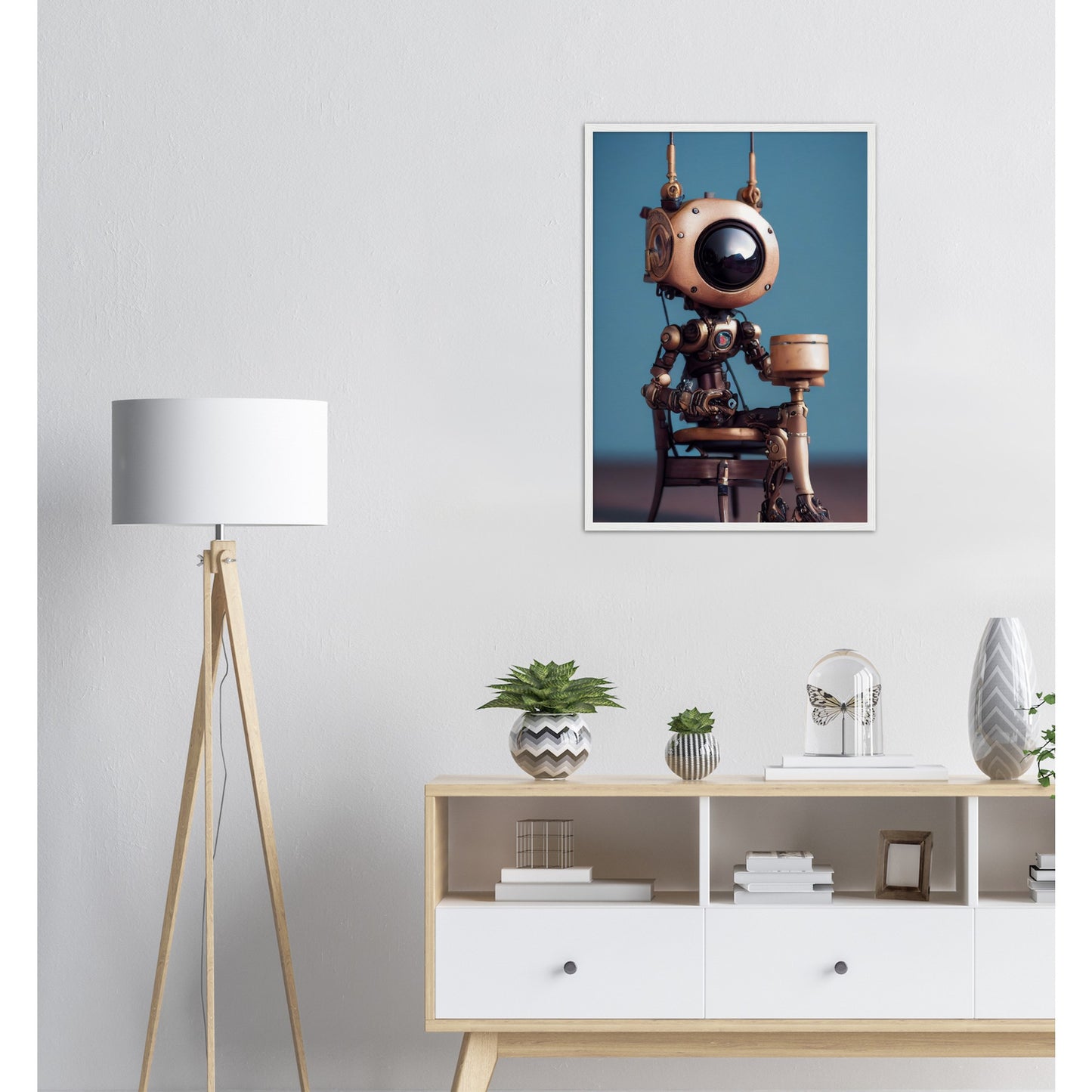 Poster mit Rahmen (Holz) in Museumsqualität - Tiny robot with a present - "Tiny Sam" - Wandbild - Customizable Coffee Cup - Personalized Gifts - Kunstdruck - Roboter mit Geschenk - Steampunk - Acryldruck - Present Robots - Personalized Gifts - Poster with frame - nr.5 lebt - zukunft - Kunstwerk - Office Poster - Poster mit Rahmen - Kaffee Tasse  - Bedruckte Tassen - Kunst Marke - Art Brand - Wandbild - Kunstdrucke - Künstler: John Grayst & Pixelboys - emotional robots - Geschenkidee - Wall Art -