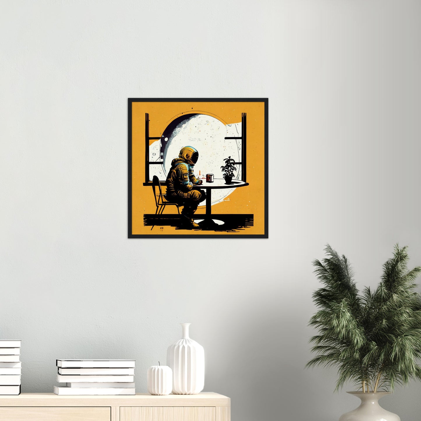 Poster mit Rahmen (Holz) in Museumsqualität - The waiting Astronaut - Michael - Illustration - Astronaut - Waiting - Posterleisten - USA - Fineart - Posterrahmen  - Wandkunst - Holzrahmen - Poster with frame - people of color - artwork - art brand - printed cup personalized - Holzleisten - pixelboys - Kunstdrucke - wandbilder - wall art - Kunst auf Tassen  - Office Poster - Gastrotassen - Wanddekoration - Acrylkunst - Geschenkidee - Office Poster - Acryldruck - Abstrakte Kunst -