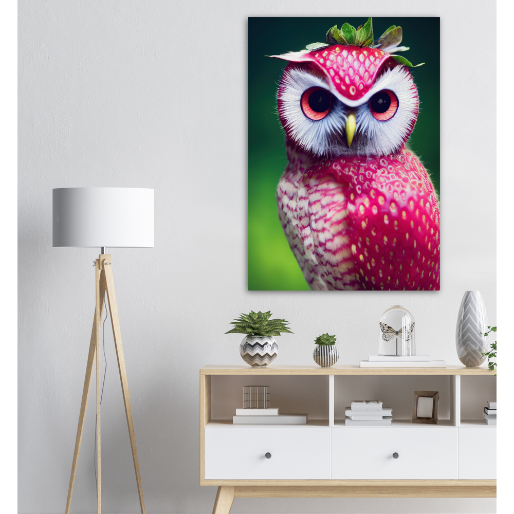 Poster in Museumsqualität - Fruit Owl No. 2 - "Berry", the Strawberry Owl - Serie Fruit Owls - Wandkunst - Kunstdruck - (fiktiv: lat.  Pulsatrix Fragaria) - Erdbeere - Schleiereulen - Fruchteulen - Vogel - Bird - Strigiformes - Noctua - Ornithologie - Kunstwerk  - Office Poster - Poster mit Rahmen - Kaffee Tasse - Poster mit Leisten - Bedruckte Tassen - Kunst Marke - Art Brand - Acrylbild - Wandbild - Kunstdrucke - Papier: 250g/qm - Künstler: John Grayst & Pixelboys - Eulen - Owl - Geschenkidee - 