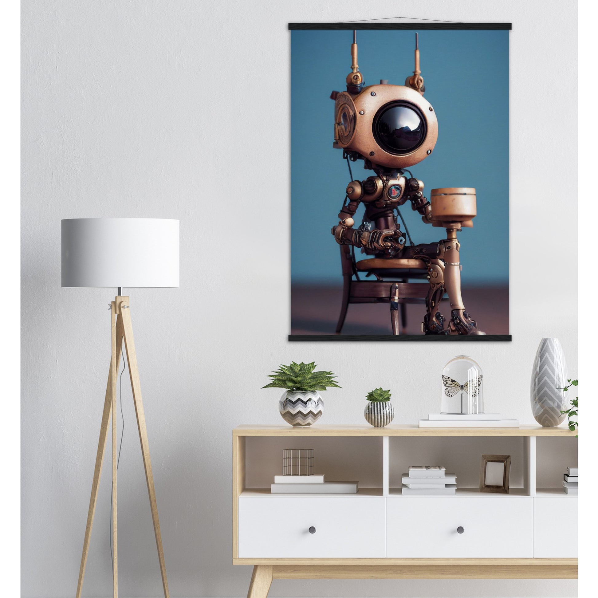 Poster mit Leisten (Holz) in Museumsqualität - Tiny robot with a present - "Tiny Sam" - Wandbild - Customizable Coffee Cup - Personalized Gifts - Kunstdruck - Roboter mit Geschenk - Steampunk - Acryldruck - Present Robots - Personalized Gifts - Poster with frame - nr.5 lebt - zukunft - Kunstwerk - Office Poster - Poster mit Rahmen - Kaffee Tasse  - Bedruckte Tassen - Kunst Marke - Art Brand - Wandbild - Kunstdrucke - Künstler: John Grayst & Pixelboys - emotional robots - Geschenkidee - Wall Art -