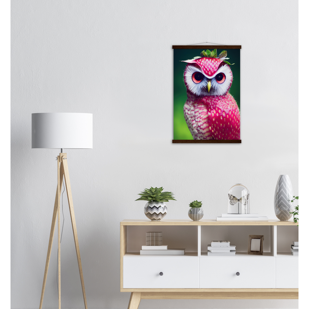 Poster mit Leisten (Holz) - Fruit Owl No. 2 - "Berry", the Strawberry Owl - Serie Fruit Owls - Wandkunst - Kunstdruck - (fiktiv: lat.  Pulsatrix Fragaria) - Erdbeere - Schleiereulen - Fruchteulen - Vogel - Bird - Strigiformes - Noctua - Ornithologie - Kunstwerk  - Office Poster - Poster mit Rahmen - Kaffee Tasse - Poster mit Leisten - Bedruckte Tassen - Kunst Marke - Art Brand - Acrylbild - Wandbild - Kunstdrucke - Papier: 250g/qm - Künstler: John Grayst & Pixelboys - Eulen - Owl - Geschenkidee - 