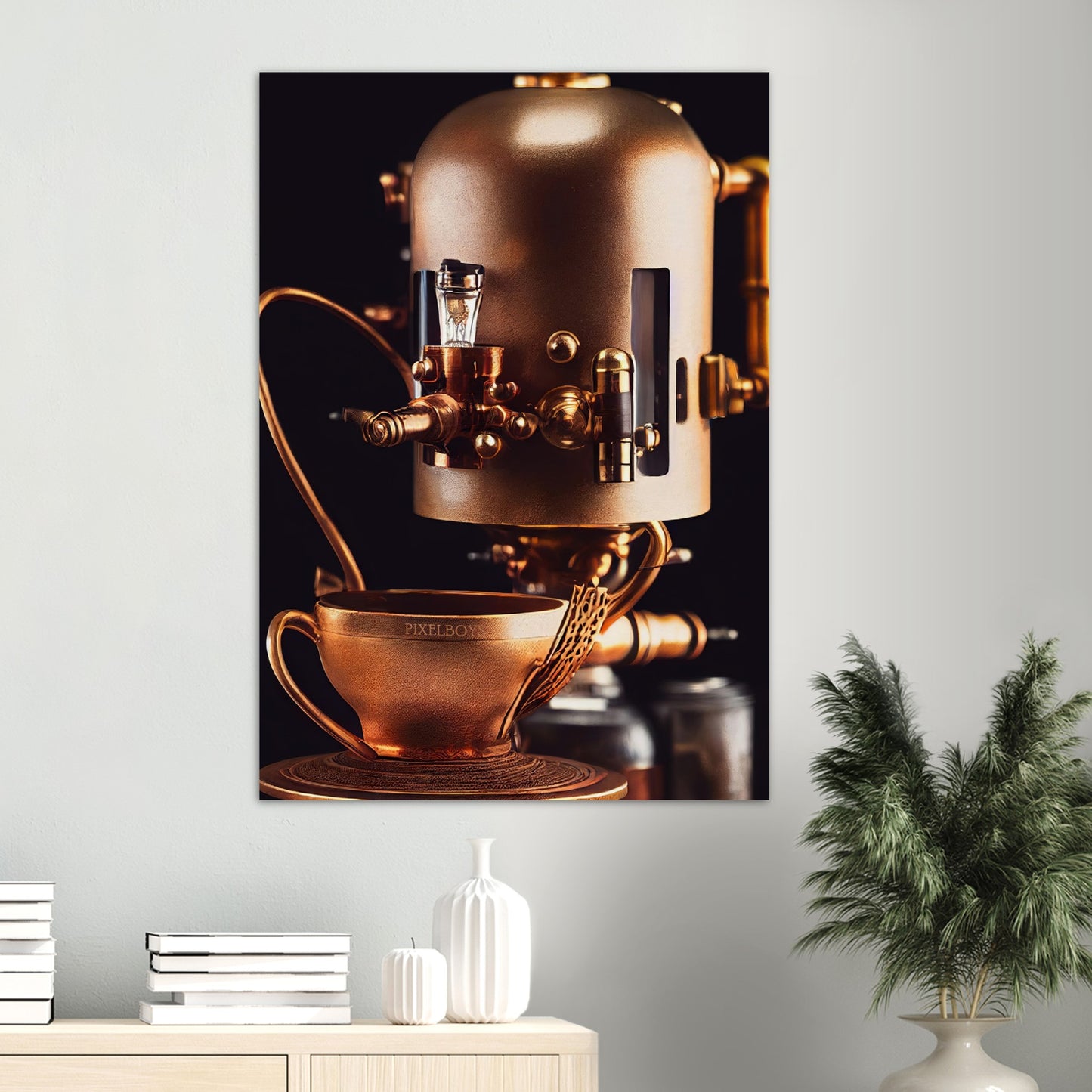 Poster in Museumsqualität - Steampunk - Coffee Maker - No.7 - Collection Cup - Pixelboys - Wandbild - Kunstwerk - Hotelkunst - Kunst auf Postern - Fine Art - Steampunk - Future - Maschine - Poster with frame - Office Poster - Art Brand - Pixelboys - Coffee House - Restaurant Poster - Wall Art - Kunstdruck - Geschenkidee - Kunst auf Acrylglas - Future Coffee Cup - Personalisierbare Tasse - Gastro Tasse - exklusiv - Acryldruck - Gastronomie Poster - Hotelposter - Teestube - Steam Punk Kitchen -   