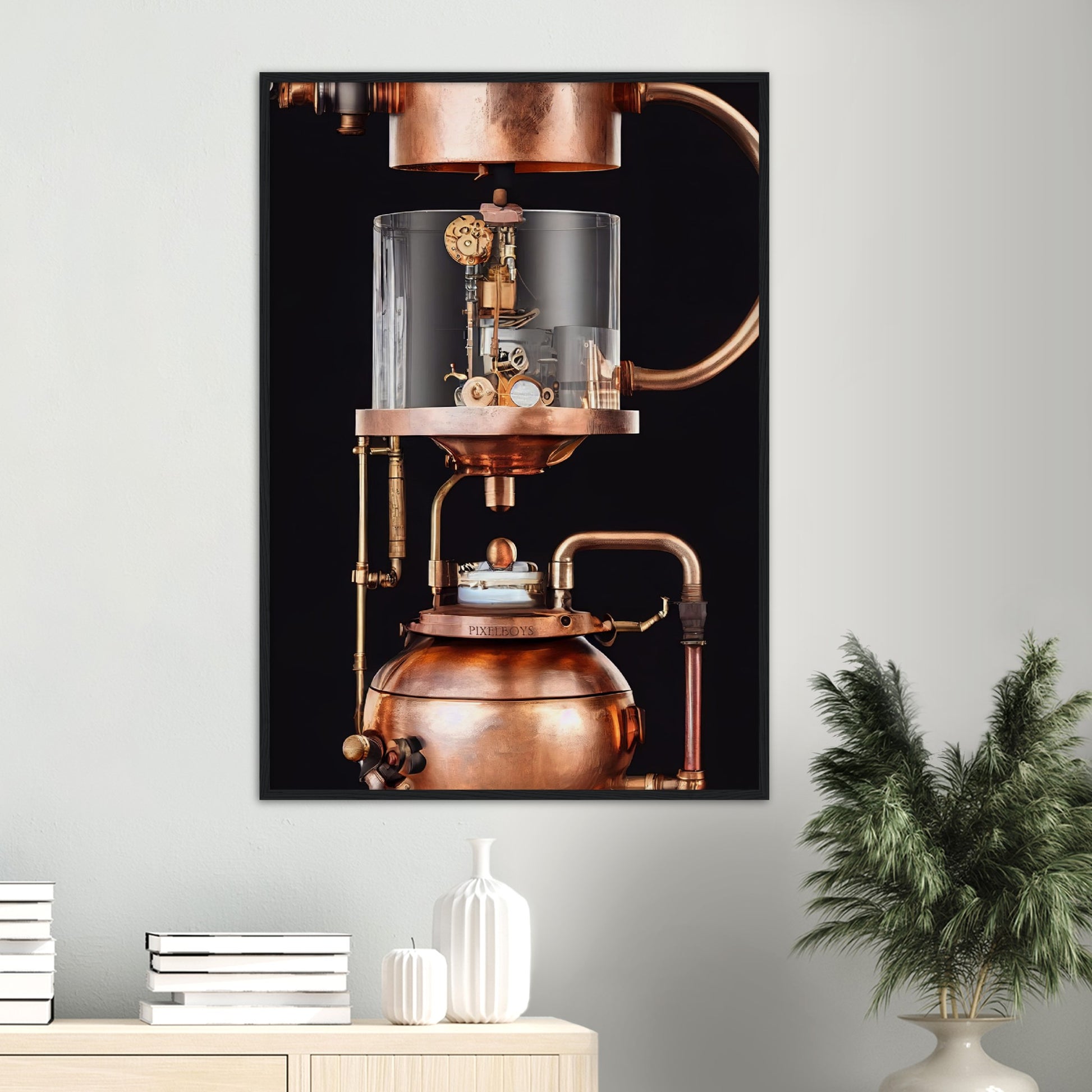 Poster mit Rahmen (Holz) - Steampunk - Coffee Maker - No.6 - Collection Cup - Pixelboys - Wandbild - Kunstwerk - Hotelkunst - Kunst auf Postern - Fine Art - Steampunk - Future - Maschine - Poster with frame - Office Poster - Art Brand - Pixelboys - Coffee House - Restaurant Poster - Wall Art - Kunstdruck - Geschenkidee - Kunst auf Acrylglas - Future Coffee Cup - Personalisierbare Tasse - Gastro Tasse - exklusiv - Acryldruck - Gastronomie Poster - Hotelposter - Teestube - Steam Punk Kitchen -   