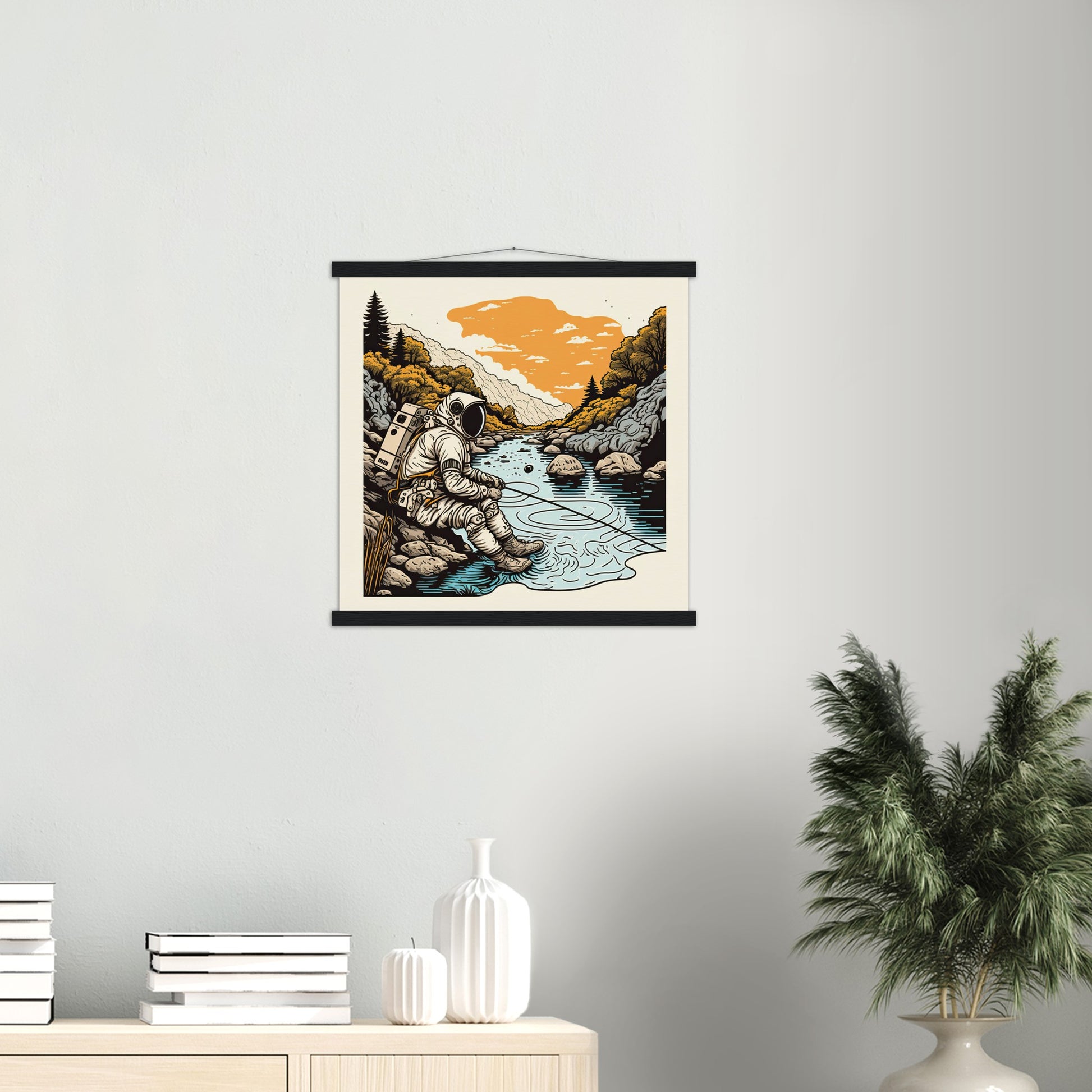 Poster mit Leisten (Holz) - in Museumsqualität - Fishing Astronaut - Buzz - Angeln - Astronaut - Natur - Posterleisten - USA - Fineart - Posterrahmen  - Wandkunst - Holzrahmen - Poster with frame - people of color - artwork - art brand - printed cup personalized - Holzleisten - pixelboys - Kunstdrucke - wandbilder - wall art - Kunst auf Tassen  - Office Poster - Gastrotassen - Wanddekoration - Acrylkunst - Geschenkidee - Office Poster - Acryldruck - Abstrakte Kunst -