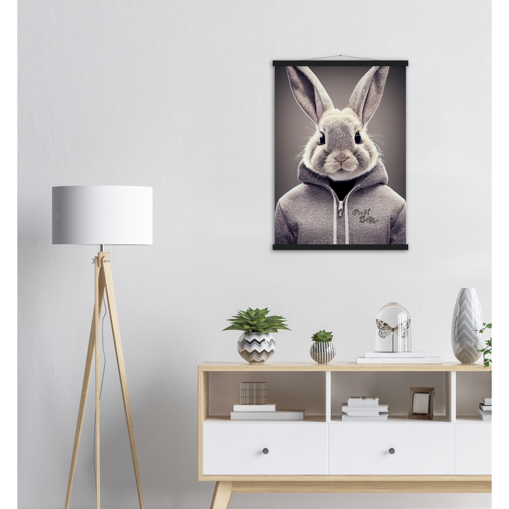 Poster mit Leisten (Holz) - Bunny in grey Hoodie - "Constantin" - Fashion Gang - Wandbild - Ostern - Geschenkidee - Osterhase - Bunny Crew: "Constantin" - "Caesar" - "Titus" - "Cleo" - Weisser Hase - Easter Bunny - Cute - grey Hoodie - sweats - Alice's Adventures in Wonderland - Modemarke - Pixelboys Brand - Constantin der Hase - Hase - Kaninchen  - Künstler: "Pixelboys" - Atelier - Germany - Berlin - Hamburg - Colgne - France - Paris - Italy - Rom - USA - America - New York City - Los Angeles - Chicago - 