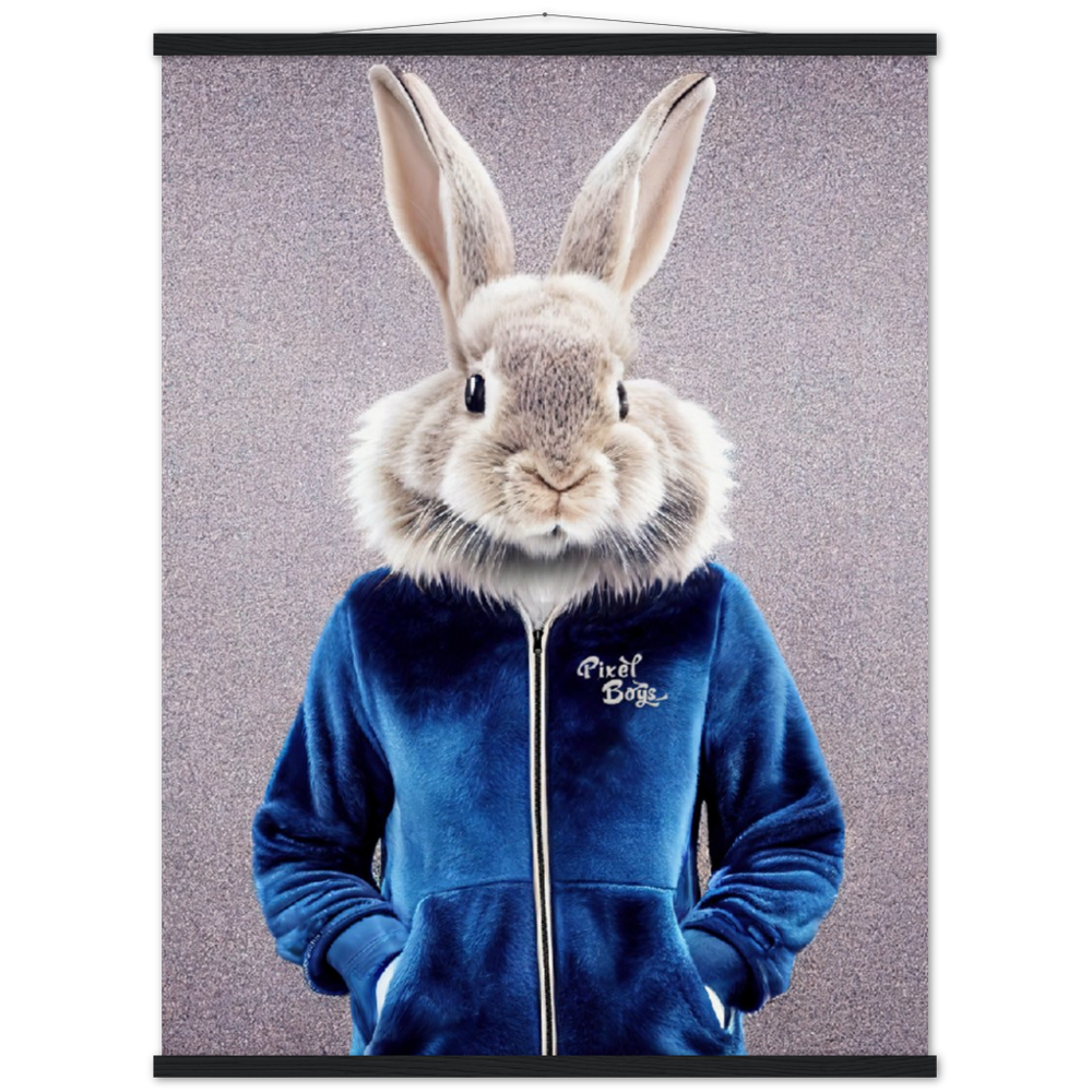 Poster mit Leisten (Holz) - Bunny in blue Tracksuit - "Caesar" - Gang - Wandbild - Ostern - Geschenkidee - Osterhase - Bunny Crew: "Caesar" - "Constantin" - "Titus" - "Cleo" - Weisser Hase - Easter Bunny - Cute - blue Tracksuit - sweats - Gang - Modemarke -Pixelboys Brand - Caesar der Hase - Meister Lampe - Hase - Kaninchen - Karnickel - Stallhase - Künstler: "Pixelboys" - Atelier - Germany - Berlin - Hamburg - Colgne - France - Paris - Italy - Rom - USA - America - New York City - Los Angeles - Chicago - 