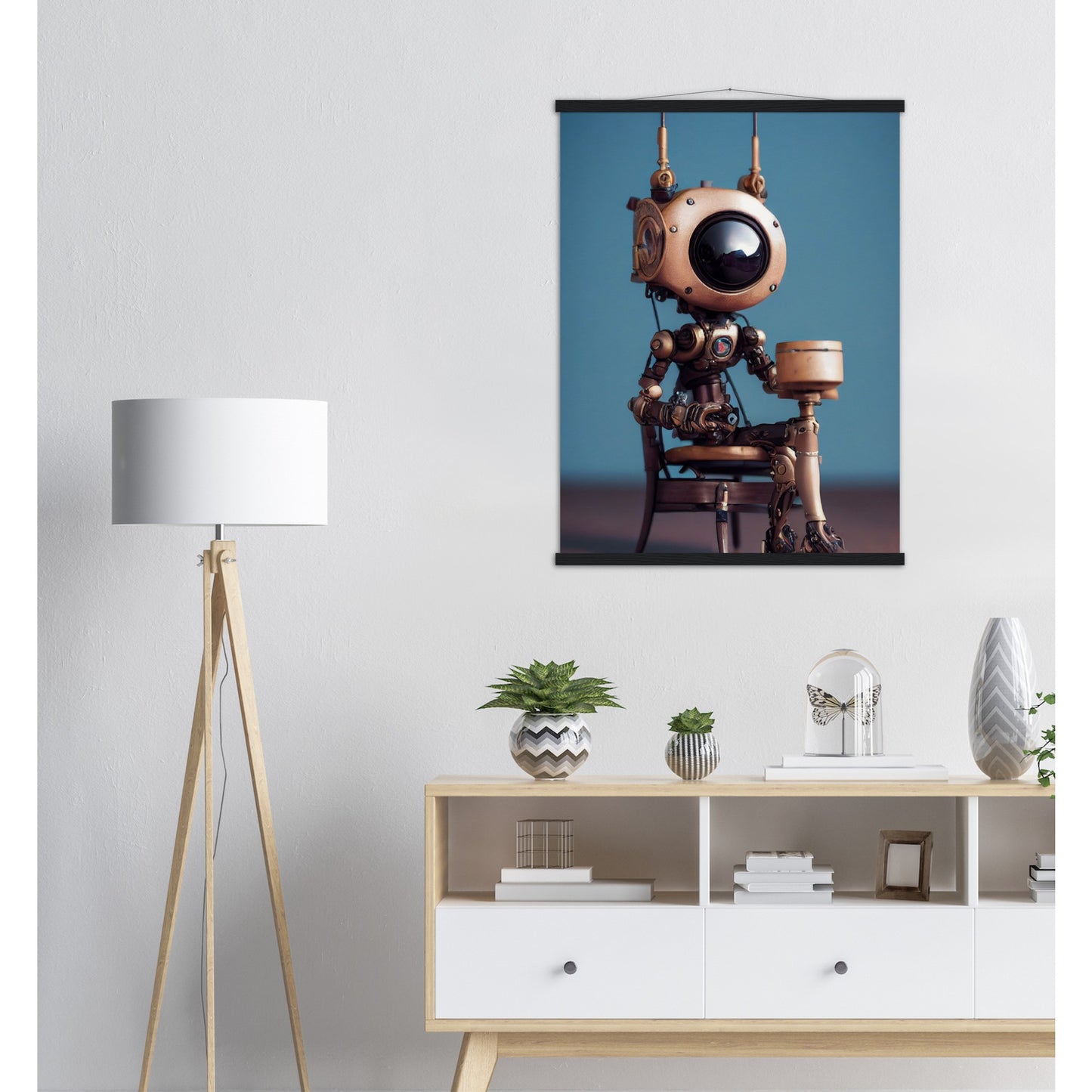 Poster mit Leisten (Holz) in Museumsqualität - Tiny robot with a present - "Tiny Sam" - Wandbild - Customizable Coffee Cup - Personalized Gifts - Kunstdruck - Roboter mit Geschenk - Steampunk - Acryldruck - Present Robots - Personalized Gifts - Poster with frame - nr.5 lebt - zukunft - Kunstwerk - Office Poster - Poster mit Rahmen - Kaffee Tasse  - Bedruckte Tassen - Kunst Marke - Art Brand - Wandbild - Kunstdrucke - Künstler: John Grayst & Pixelboys - emotional robots - Geschenkidee - Wall Art -