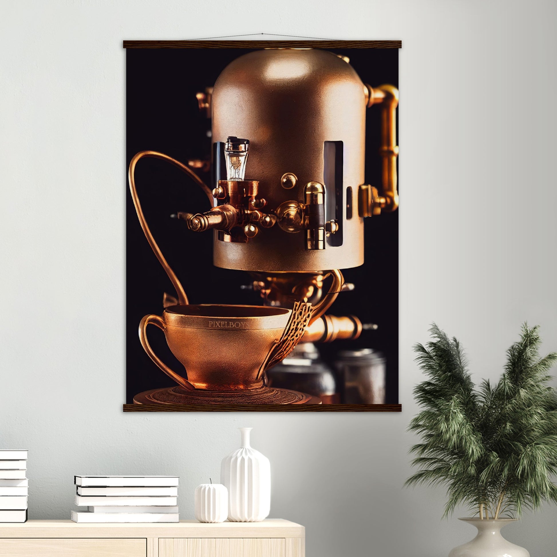 Poster mit Leisten (Holz) - Steampunk - Coffee Maker - No.7 - Collection Cup - Pixelboys - Wandbild - Kunstwerk - Hotelkunst - Kunst auf Postern - Fine Art - Steampunk - Future - Maschine - Poster with frame - Office Poster - Art Brand - Pixelboys - Coffee House - Restaurant Poster - Wall Art - Kunstdruck - Geschenkidee - Kunst auf Acrylglas - Future Coffee Cup - Personalisierbare Tasse - Gastro Tasse - exklusiv - Acryldruck - Gastronomie Poster - Hotelposter - Teestube - Steam Punk Kitchen -   