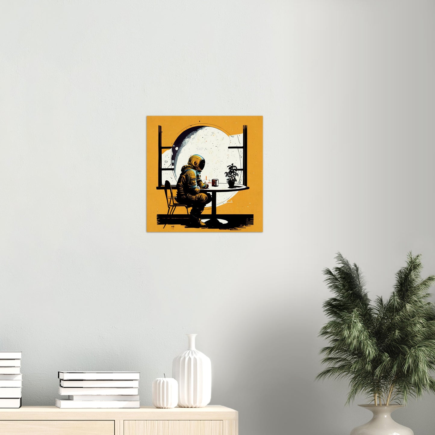 Poster in Museumsqualität - The waiting Astronaut - Michael - Illustration - Astronaut - Waiting - Posterleisten - USA - Fineart - Posterrahmen  - Wandkunst - Holzrahmen - Poster with frame - people of color - artwork - art brand - printed cup personalized - Holzleisten - pixelboys - Kunstdrucke - wandbilder - wall art - Kunst auf Tassen  - Office Poster - Gastrotassen - Wanddekoration - Acrylkunst - Geschenkidee - Office Poster - Acryldruck - Abstrakte Kunst -