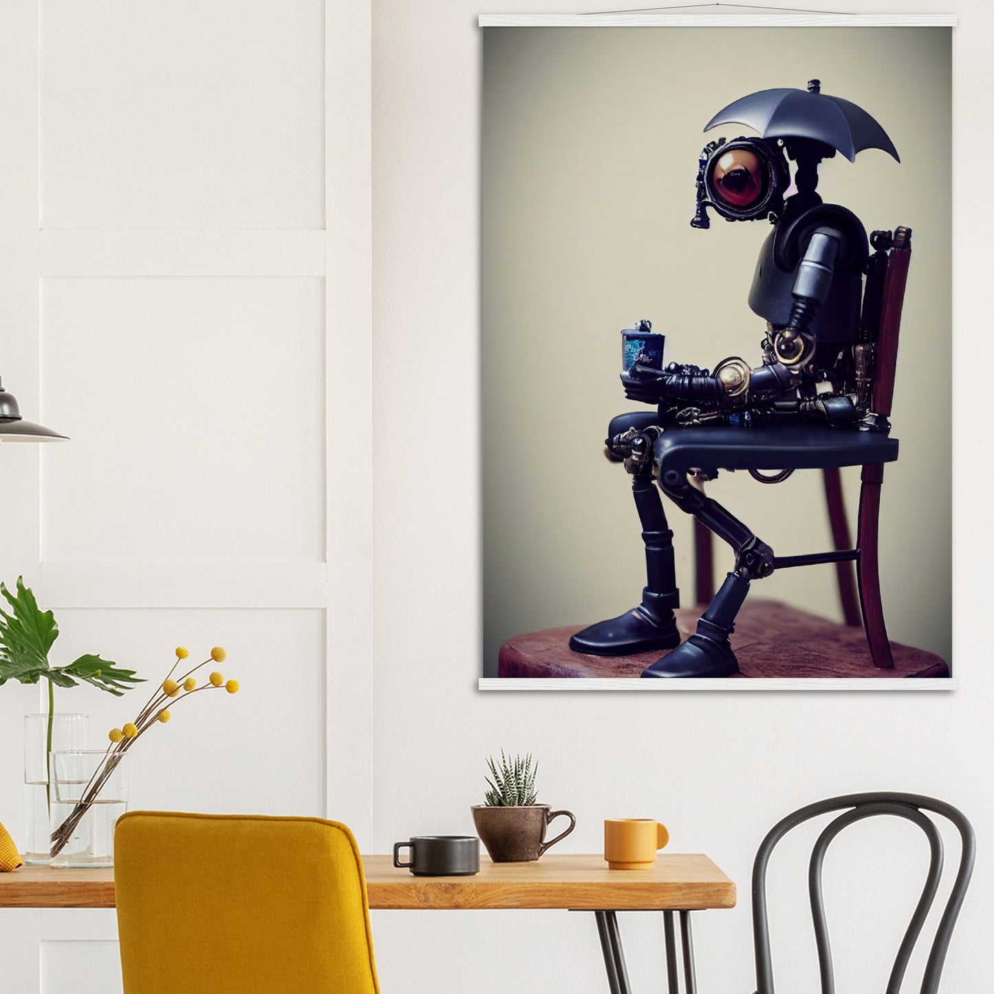  Poster mit Leisten (Holz) in Museumsqualität - Tiny robot with an umbrella "Louis" - Regenschirm - Acryldruck - Wandkunst - Customizable Coffee Cup - Personalized Gifts - Kunstdruck - Kleine Roboter - Acryldruck - Little Robots - Personalized Gifts - Tiny  - Steampunk - zukunft - Poster with frame - Kunstwerk - Office Poster - Poster mit Rahmen - Kaffee Tasse - Poster - Bedruckte Tassen - Kunst Marke - Art Brand - Kunstdrucke - Künstler: John Grayst & Pixelboys - emotional robots - Geschenkidee -